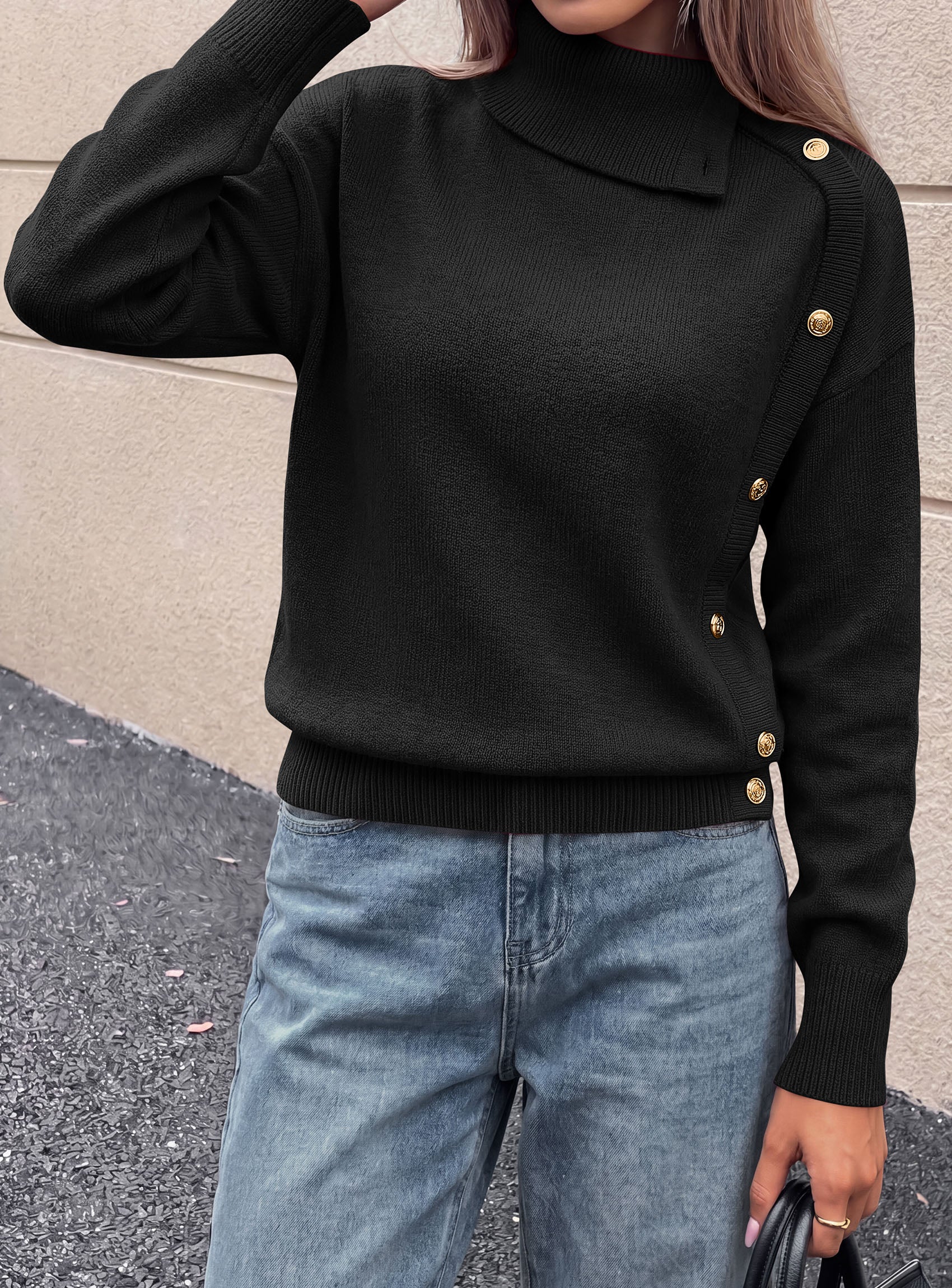 PRETTYGARDEN Womens Turtleneck Sweater Pullover Side Button Fall Clothes  Stretchy Knit,Dropped Shoulder,Ribbed Cuffs,Asymmetrical,Jumper Long Sleeve Tops,Work Office,2026 Winter Casual Outfits