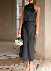 PRETTYGARDEN Women's Summer Satin Dress Elegant Sleeveless Mock Neck Cocktail Party Maxi Dresses