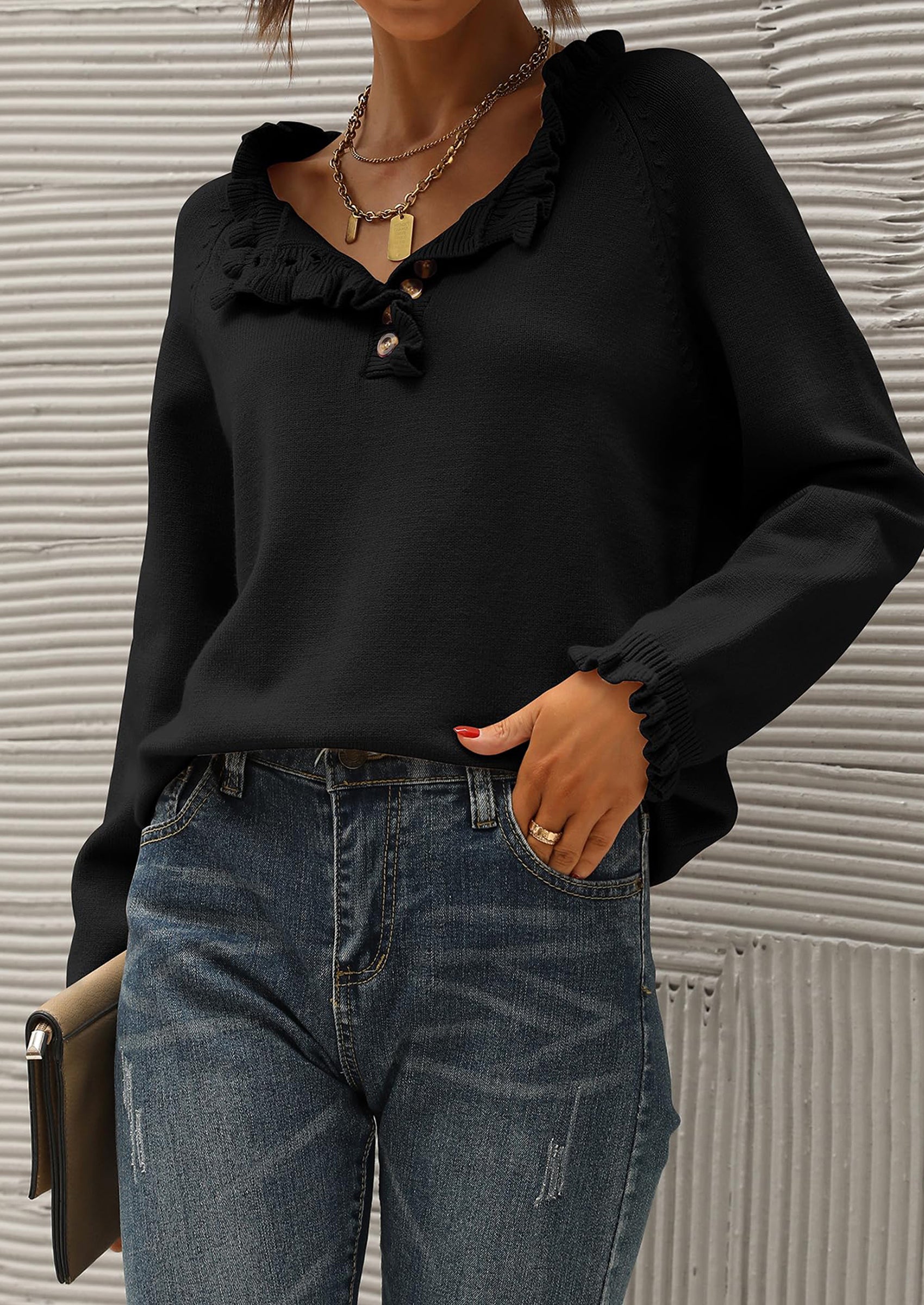 BTFBM Womens Sweaters Fall Winter Clothes 2025 Long Sleeve Button Down Ruffle Crew Neck Casual Knitted Pullover Tops PRETTYGARDEN