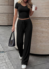 PRETTYGARDEN 2 Piece Sets for Women Summer 2026 Spring Lounge Set Matching V Neck Tops Wide Leg Pants Airport Travel Outfits PRETTYGARDEN