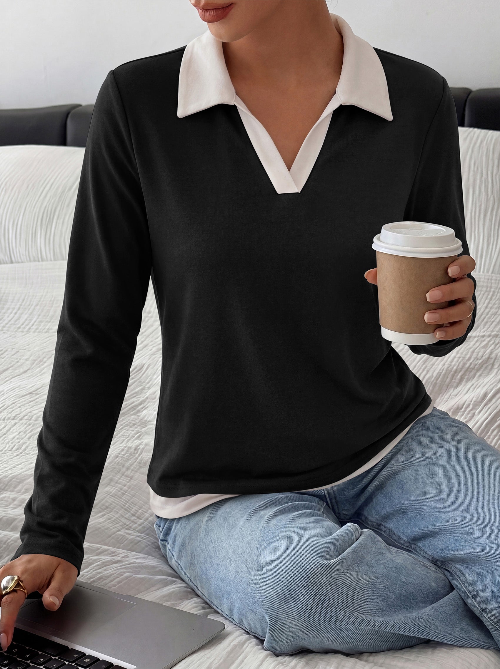 PRETTYGARDEN Womens Casual Polo T-Shirt Color Block Layered Tops | Contrast Collared V Neck Tops, Soft Double Layer T Shirts for Women, Casual Tops for Women, Trendy Fall Outfits 2026