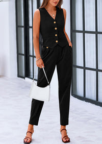 PRETTYGARDEN Two Piece V Neck Button Front Cropped Tank Tops Vest Pockets Pants Cotton Sets