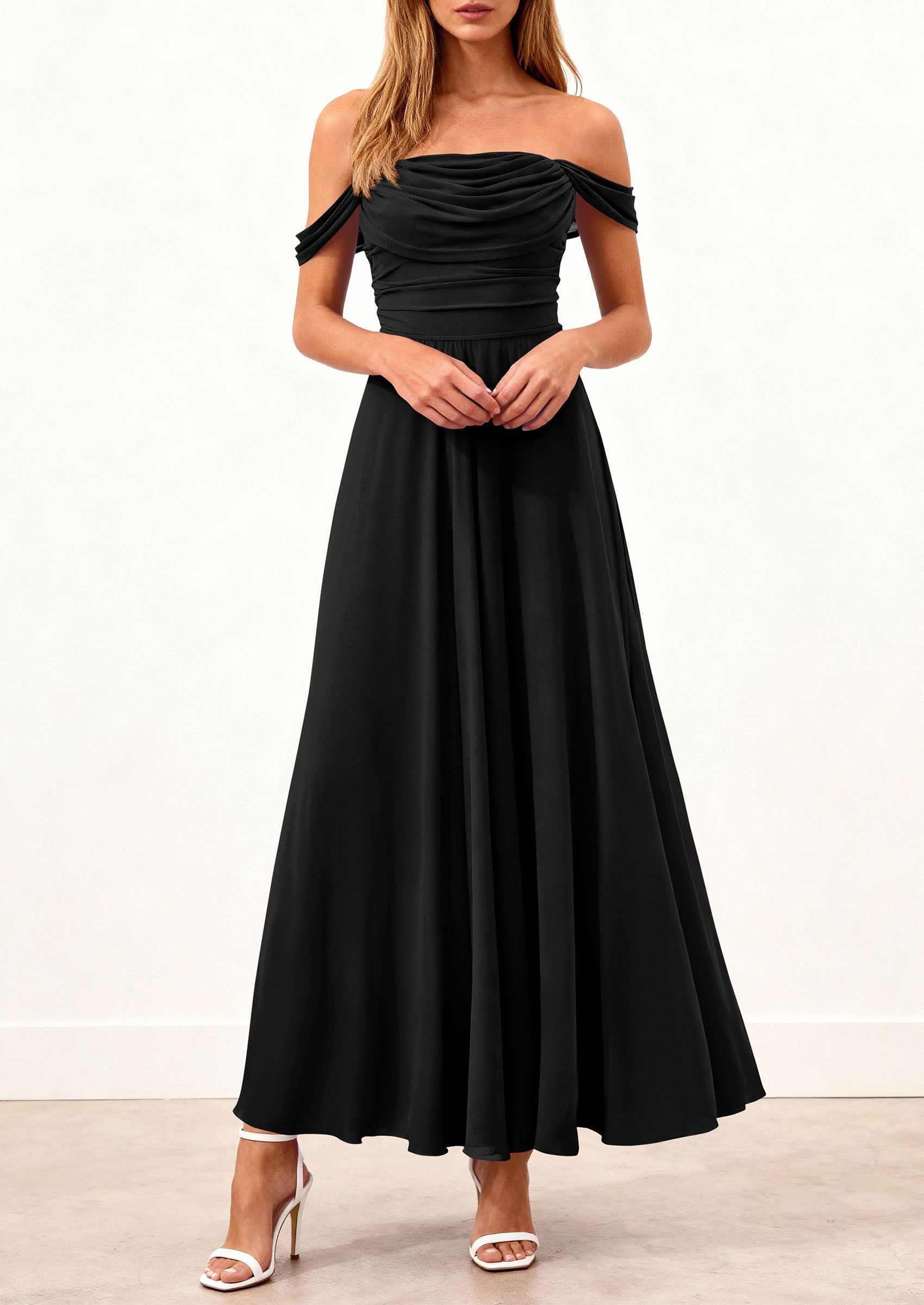 PRETTYGARDEN Womens Off Shoulder Maxi Summer Dresses 2026 Elegant Mesh Aline Swing Ruched Flowy Cocktail Wedding Guest Dress PRETTYGARDEN