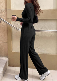 PRETTYGARDEN Womens Fall One Piece Long Sleeve Jumpsuit | Stretchy Ribbed Knit, Fashion Deep V Neck, Wide Leg Romper with Pockets, Work Business Casual Outfits, Trendy Winter Clothes