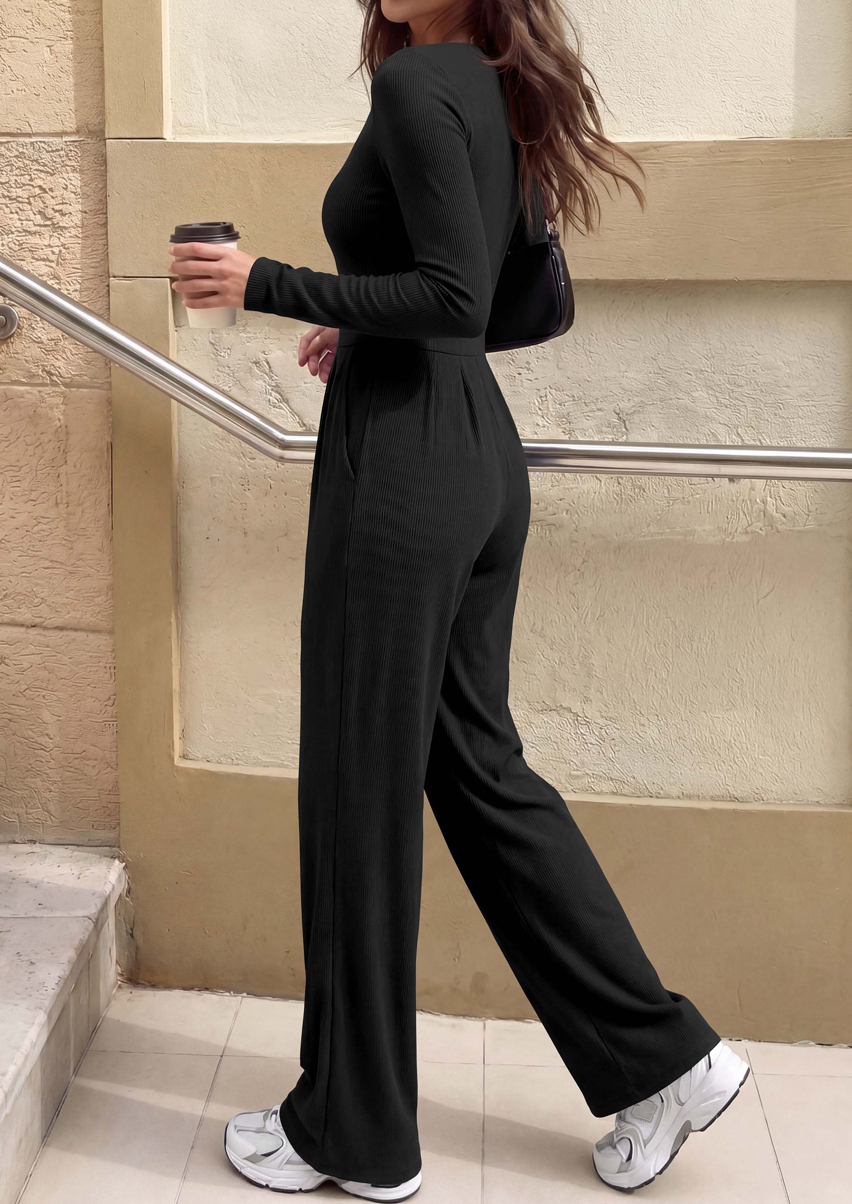 PRETTYGARDEN Womens Fall One Piece Long Sleeve Jumpsuit | Stretchy Ribbed Knit, Fashion Deep V Neck, Wide Leg Romper with Pockets, Work Business Casual Outfits, Trendy Winter Clothes