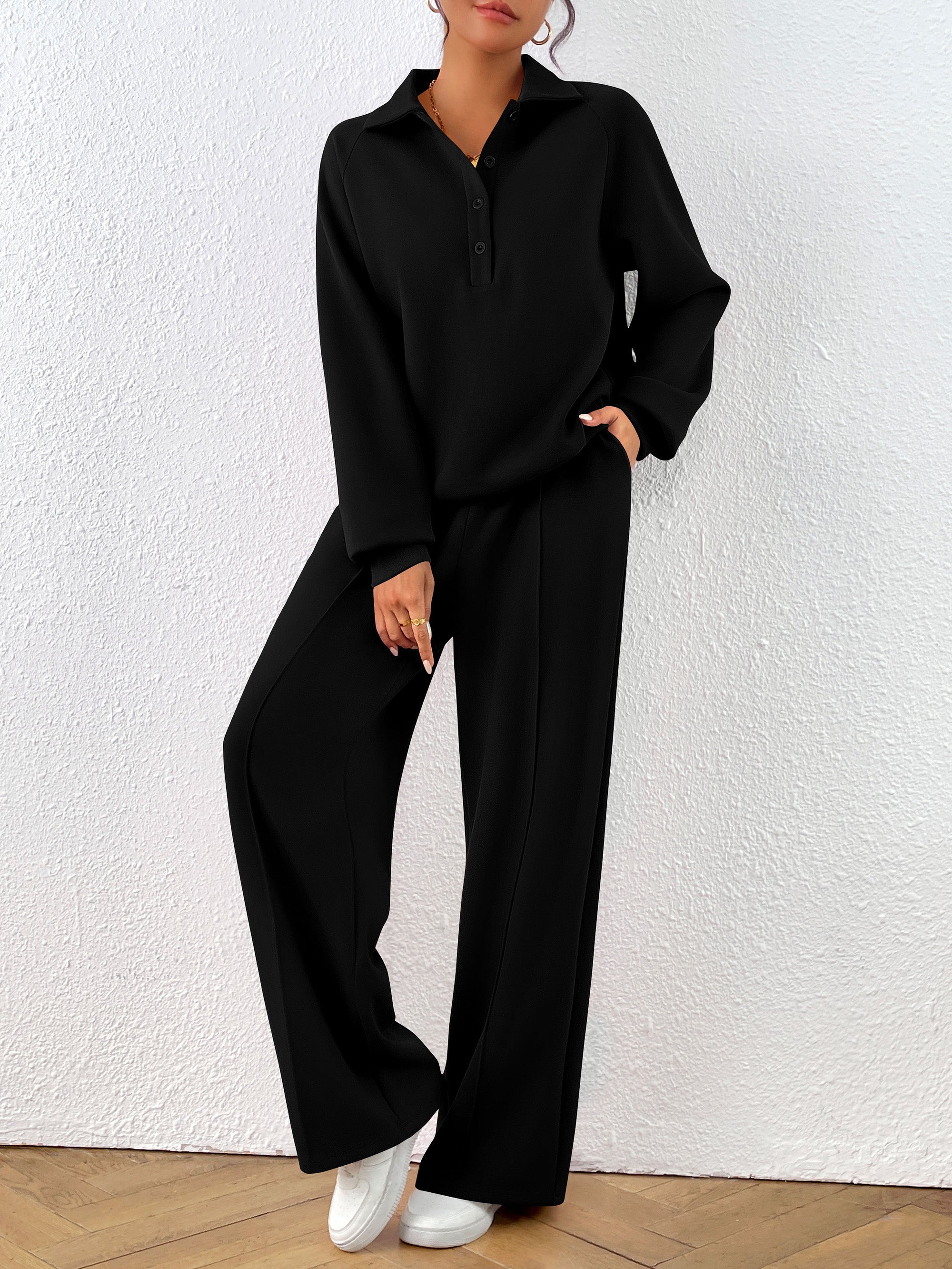 PRETTYGARDEN Women Fall 2 Piece Outfits Sweatsuits Quarter Button Long Sleeve Sweatshirt Wide Leg Pants Tracksuit Lounge Sets