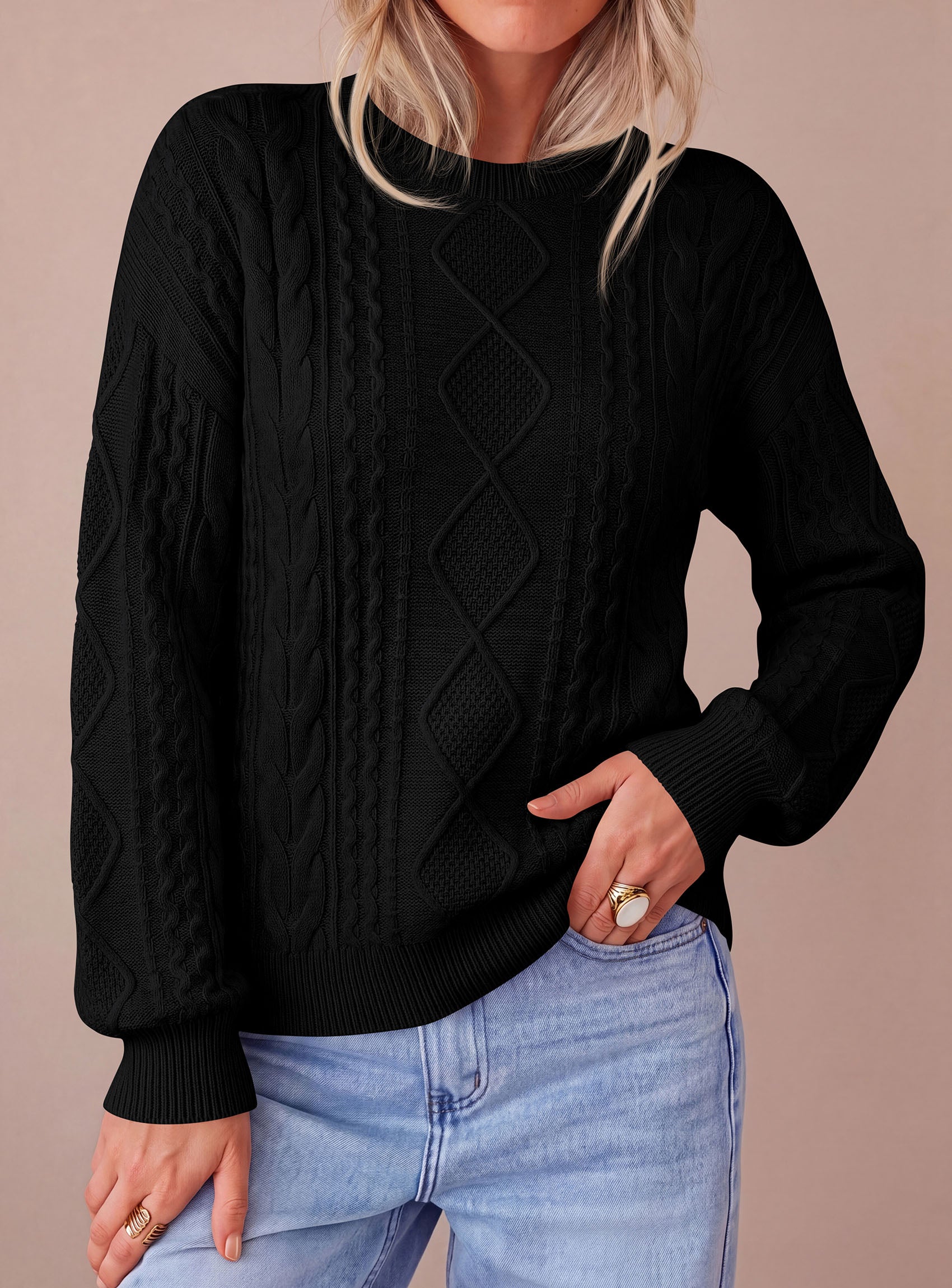 PRETTYGARDEN Womens Cable Knit Sweater Crewneck Pullover | Soft Ribbed Cuffs,Relaxed Fit Long Sleeve Sweaters,Chunky Diamond,Warm Layering,Comfy Daily Wear,Fall Winter Going out Top