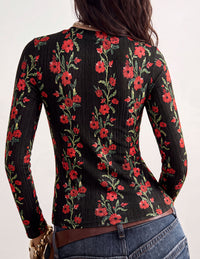 PRETTYGARDEN Womens Long Sleeve Shirts Floral Y2K Tops | Soft Lightweight Ribbed Knit Top,Fitted Waist,Crew Neck Slim Fit,Going Out Vacation Outfits,Layering Fall Winter Clothes