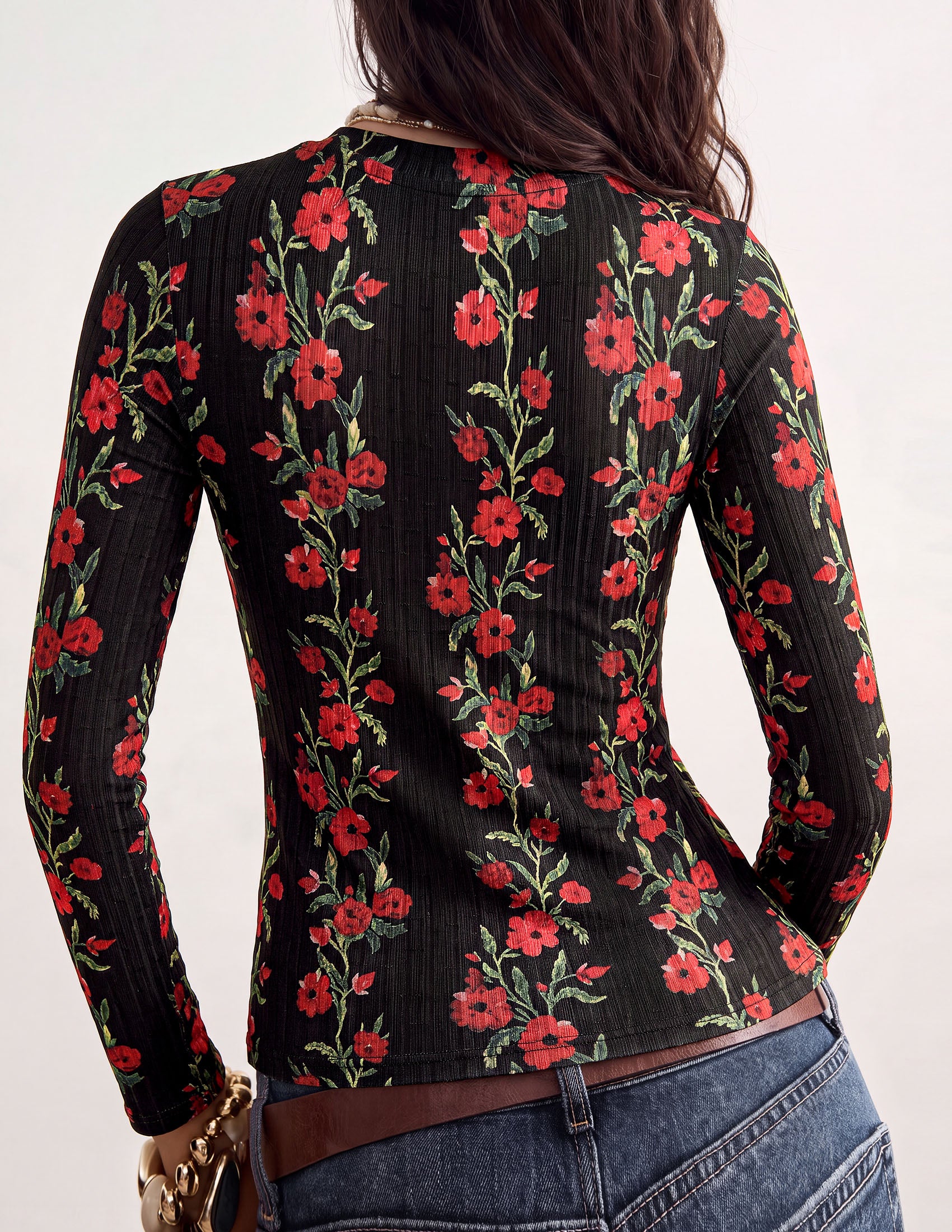 PRETTYGARDEN Womens Long Sleeve Shirts Floral Y2K Tops | Soft Lightweight Ribbed Knit Top,Fitted Waist,Crew Neck Slim Fit,Going Out Vacation Outfits,Layering Fall Winter Clothes