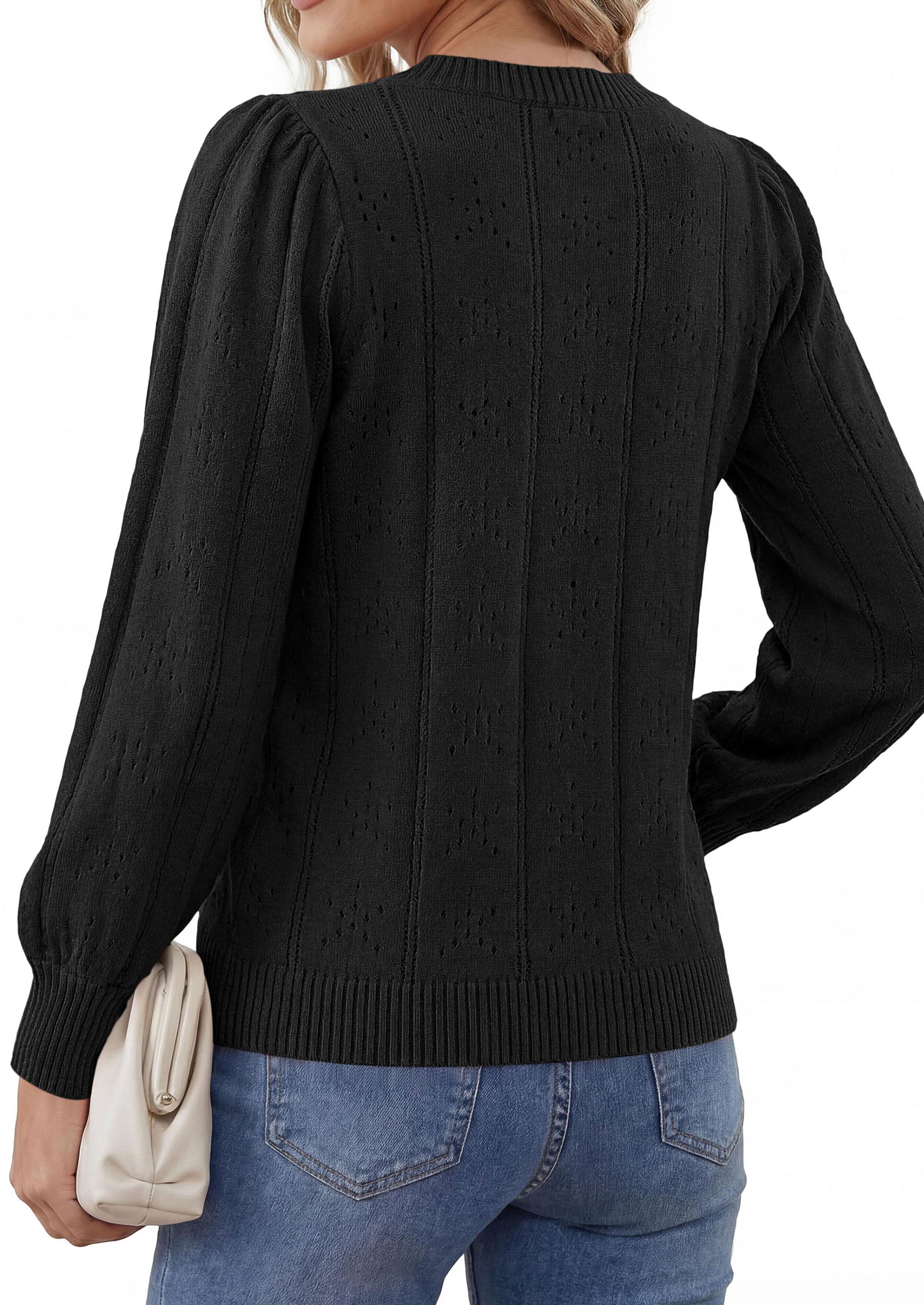 PRETTYGARDEN Women Fall Fashion Hollow Out Holiday Sweaters | Stretchy Cozy Knit, Puff Long Sleeve Pullover Tops, Crewneck Loose Fit, Dressy Casual Blouse, Trendy Winter Going Out Outfits