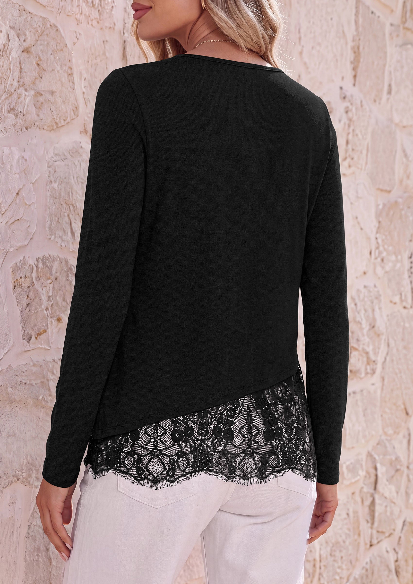 PRETTYGARDEN Women's Lace Patchwork Long Sleeve Shirts | Soft Casual Tops,Irregular Asymmetrical Hem,Crew Neck Thermal Blouses,Loose Fit Layer Tee,Fashion Fall Winter Daily Wear