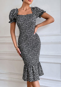 PRETTYGARDEN Bodycon Midi Dresses Summer Floral Puff Sleeve Mermaid Cocktail Baby Shower Photoshoot Maternity Dress