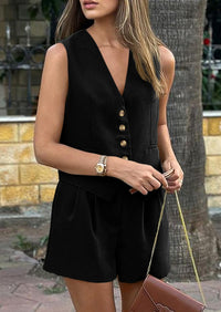 PRETTYGARDEN Women's Summer 2 Piece Outfits Sleeveless Matching Sets Button Down V Neck Vest Waistcoat and Pockets Shorts