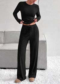 PRETTYGARDEN Womens 2 Piece Sets Long Sleeve Outfits  Soft Ribbed Knit, Loose Wide Leg Fit, Crop Top Drawstring High Waist Pants Set, Casual Lounge Travel, Matching Fall Clothes