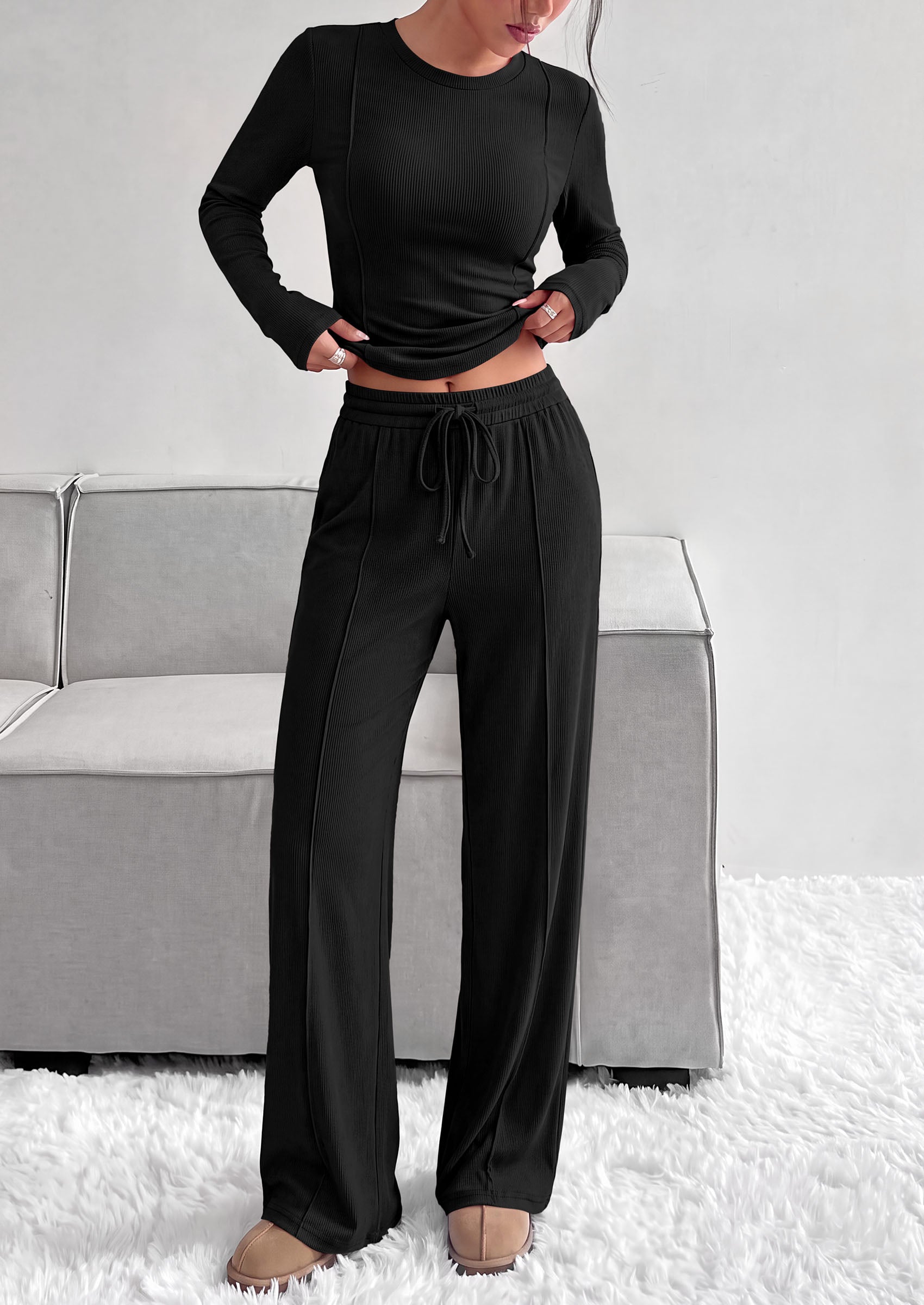 PRETTYGARDEN Womens 2 Piece Sets Long Sleeve Outfits  Soft Ribbed Knit, Loose Wide Leg Fit, Crop Top Drawstring High Waist Pants Set, Casual Lounge Travel, Matching Fall Clothes
