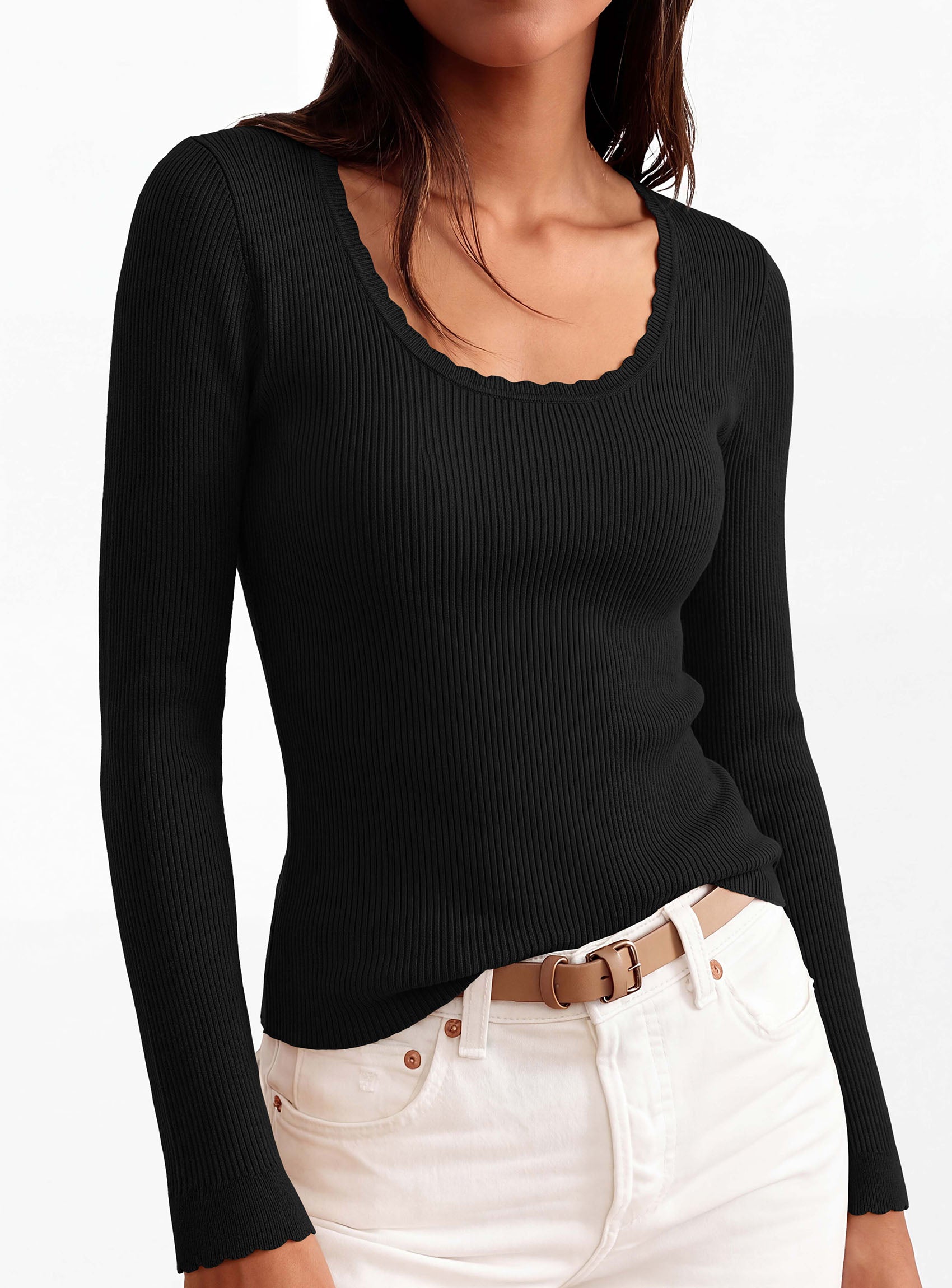 PRETTYGARDEN Women's Fall Lightweight Ribbed Knit Sweaters | Stretchy Cozy Knitwear,Scalloped Scoop Neck,Long Sleeve Shirts,Slim Fitted Pullover,Basic Layering Tops,Cute Casual Outfits