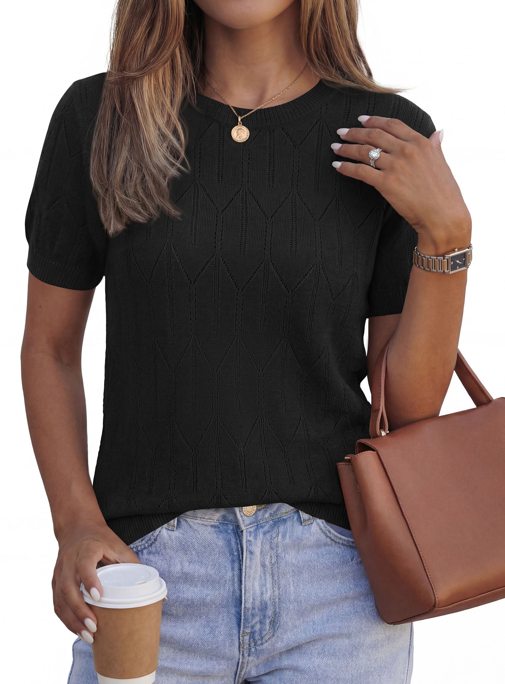 PRETTYGARDEN Women's 2026 Spring Short Sleeve Sweater Knit Going Out Tops Work Shirts Trendy Summer Business Casual Outfits