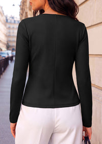 PRETTYGARDEN Womens Ruched Tops Casual Long Sleeve Shirt  Soft Stretchy Knit, Round Neck Slim Fitted Shape, Pleated Asymmetrical Hem, Office Work Daily Wear, Trendy Fall Outfits