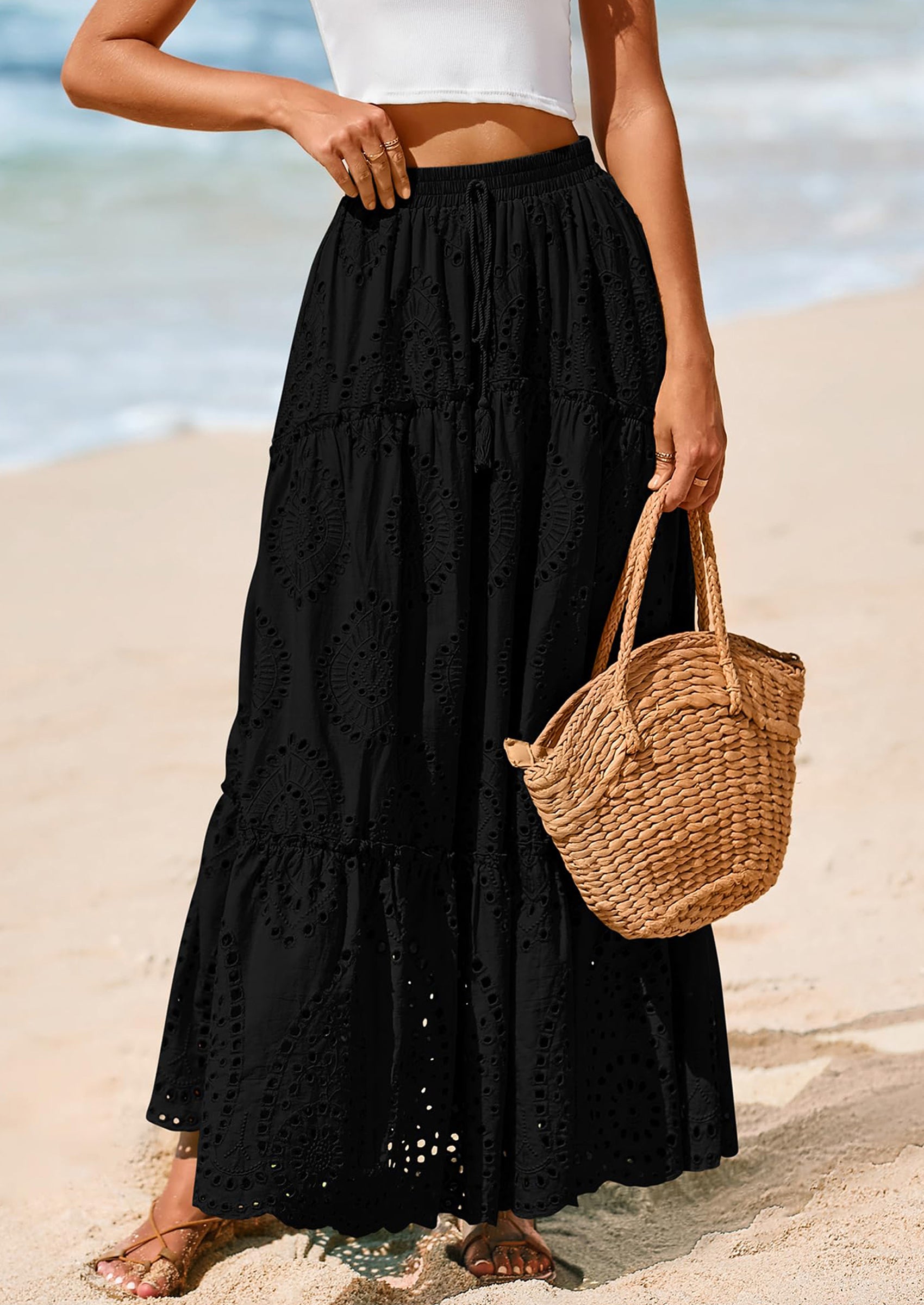 BTFBM Women's Boho Casual Skirts Summer Lace Embroidery Eyelet Elastic Waist Flowy Tiered A-Line Beach Maxi Skirt