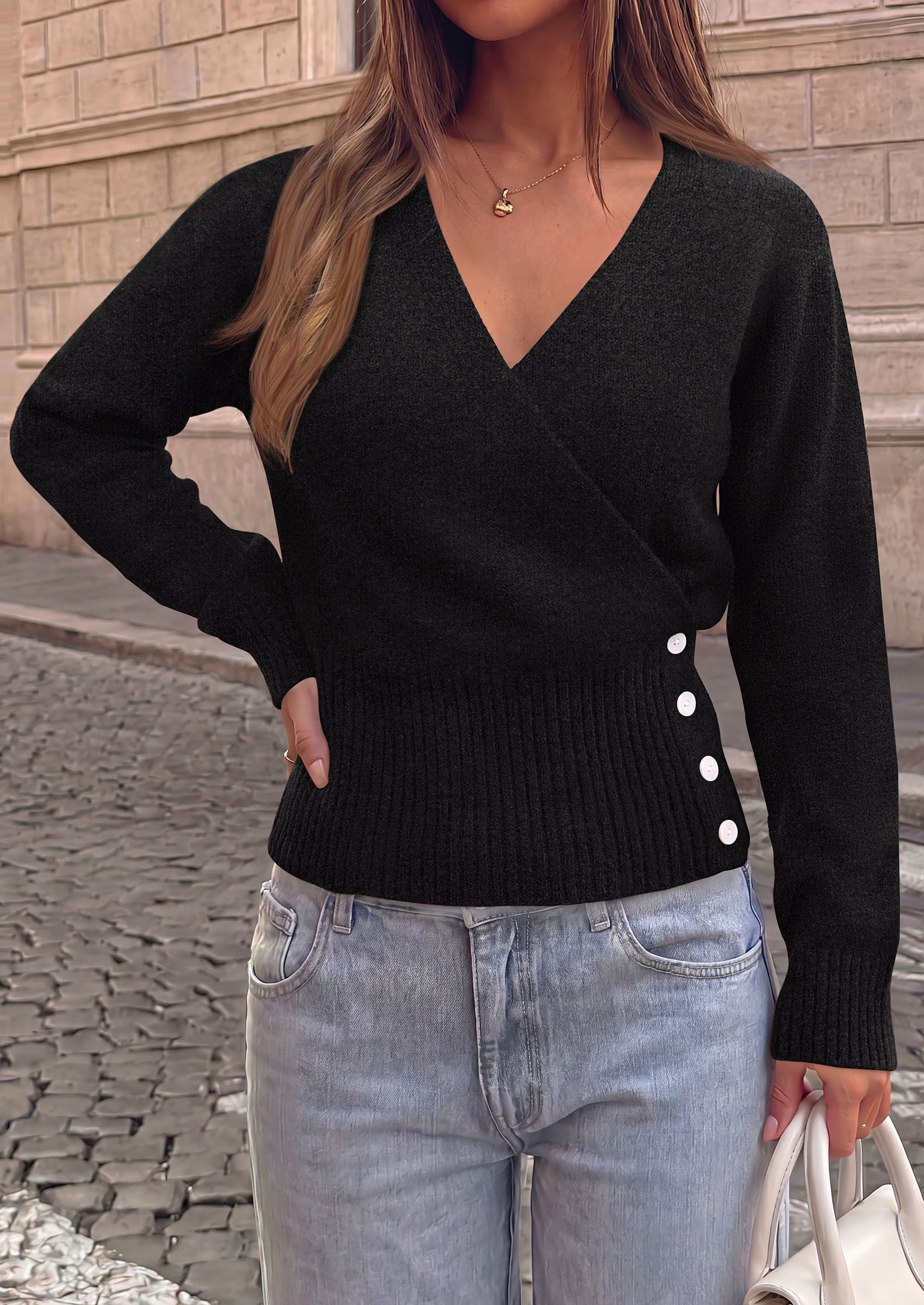 PRETTYGARDEN Women V Neck Wrap Sweater Cropped Tops Fall Winter Fashion 2026, Business Casual Outfits, Stretchy Soft knit, Wide Ribbed Hem with Side Buttons Pullover Sweaters