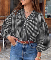 PRETTYGARDEN Women Fall Plaid Long Puff Sleeve Shirts V Neck Casual Blouses  Gingham Button Down Oversized, Pleated Drop Shoulder Cotton Tops, Dressy Casual, Work Vacation Travel, Fall Outfits Trendy