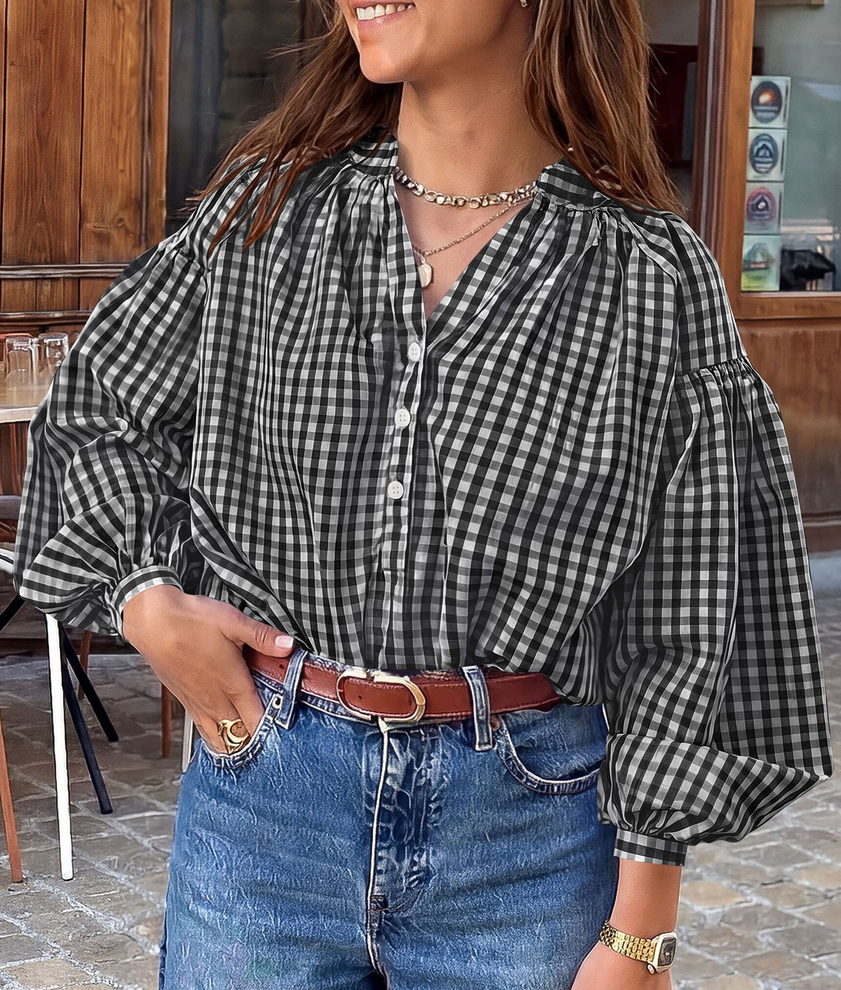 PRETTYGARDEN Women Fall Plaid Long Puff Sleeve Shirts V Neck Casual Blouses  Gingham Button Down Oversized, Pleated Drop Shoulder Cotton Tops, Dressy Casual, Work Vacation Travel, Fall Outfits Trendy
