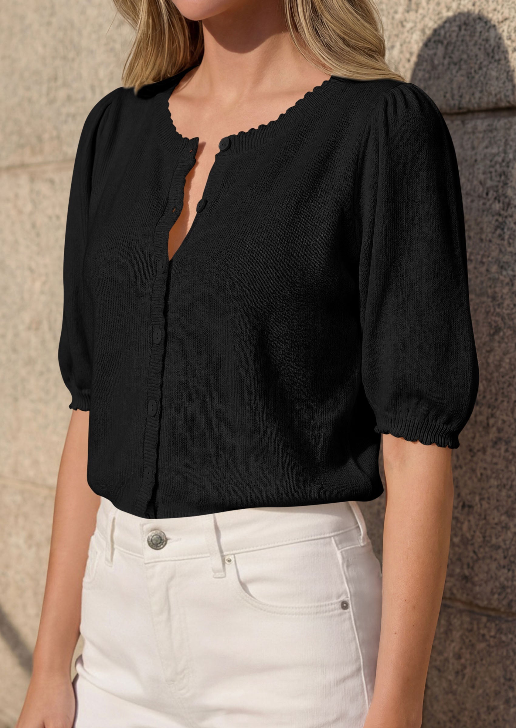 PRETTYGARDEN Puff Short Sleeve Cardigans for Women Lightweight 2026 Summer Shirts Button Up Knit Sweater Tops Spring Clothes PRETTYGARDEN