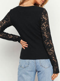 PRETTYGARDEN Sheer Lace Raglan Long Sleeve Shirts for Women | Soft Stretchy Knit,See Through Floral Sleeves,Crewneck Fitted Tshirts,Daily Going Out Tops,Office Layer,Fall Fashion Clothing