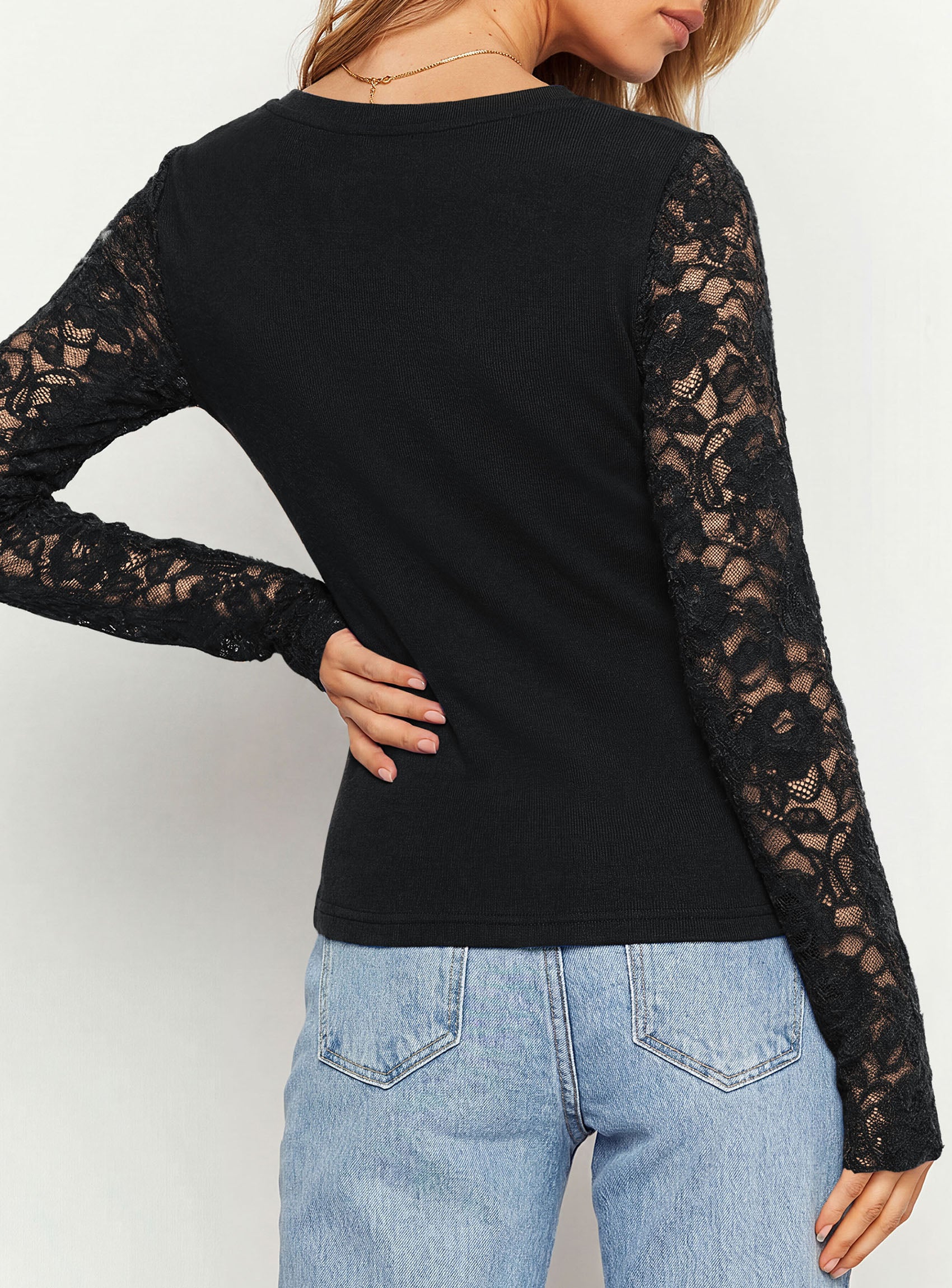 PRETTYGARDEN Sheer Lace Raglan Long Sleeve Shirts for Women | Soft Stretchy Knit,See Through Floral Sleeves,Crewneck Fitted Tshirts,Daily Going Out Tops,Office Layer,Fall Fashion Clothing