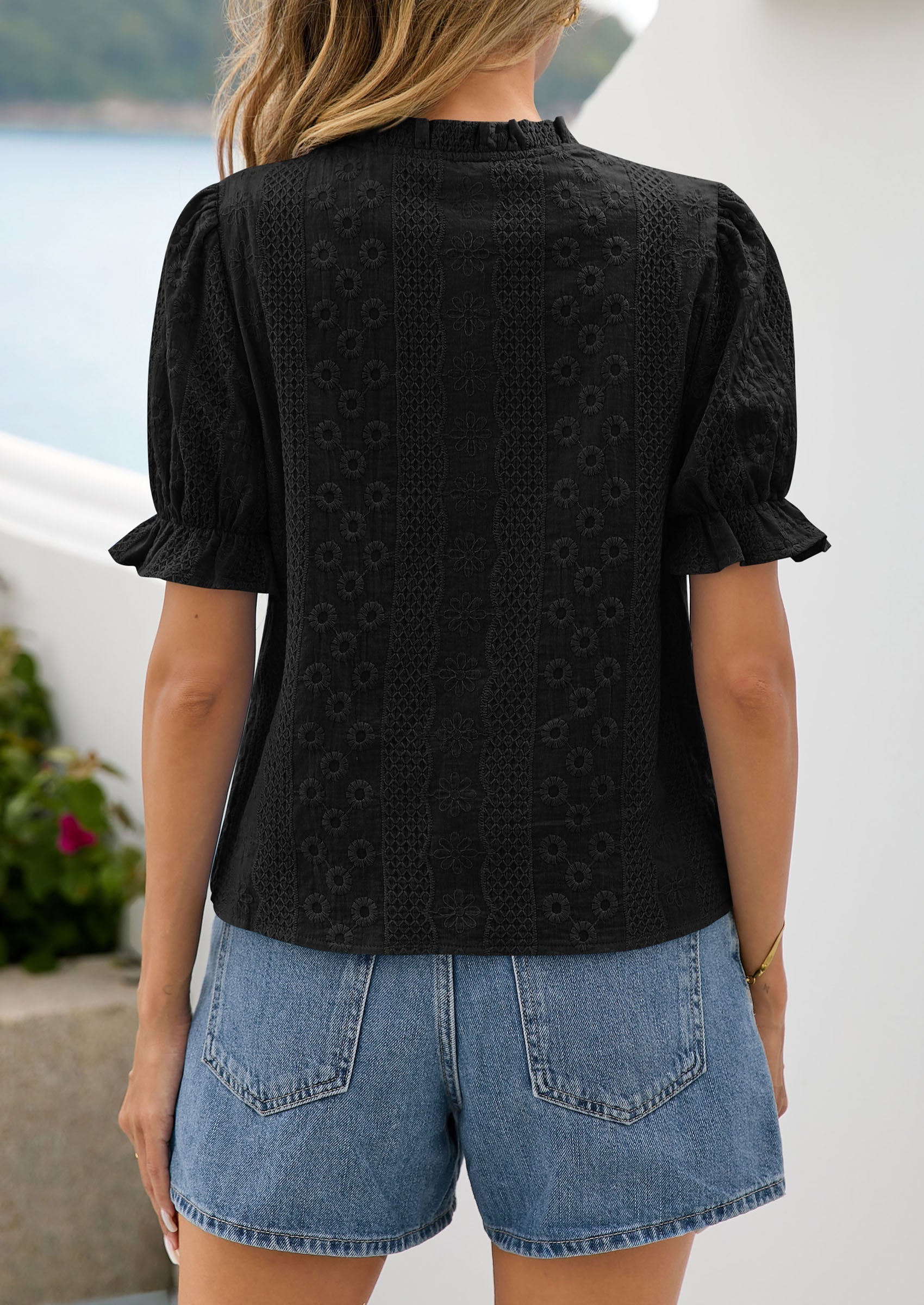 PRETTYGARDEN Womens Puff Short Sleeve Tops 2026 Summer Spring Button Down Boho Embroidered Cute Blouse Dressy Casual Shirts PRETTYGARDEN