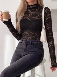PRETTYGARDEN Womens Lace Long Sleeve Top Mesh Sheer Blouses Mock Neck See Through Slim Fitted Tops 2026 Fall Fashion Clothes