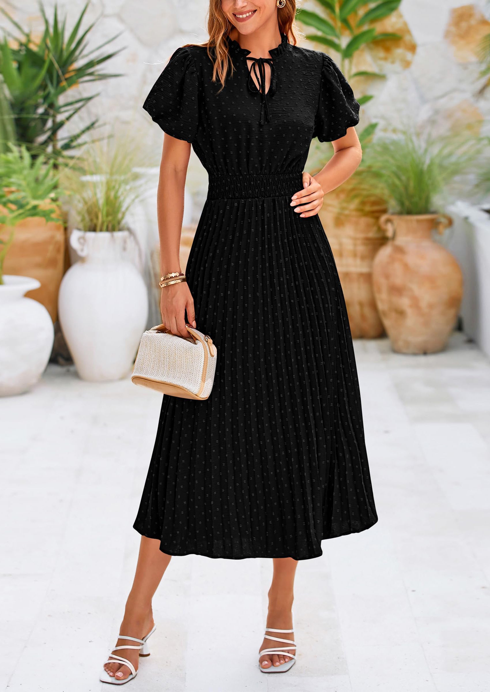 PRETTYGARDEN Womens Midi Dresses Puff Short Sleeve V Neck Swiss Dot Pleated A Line Flowy Long Wedding Guest Dress