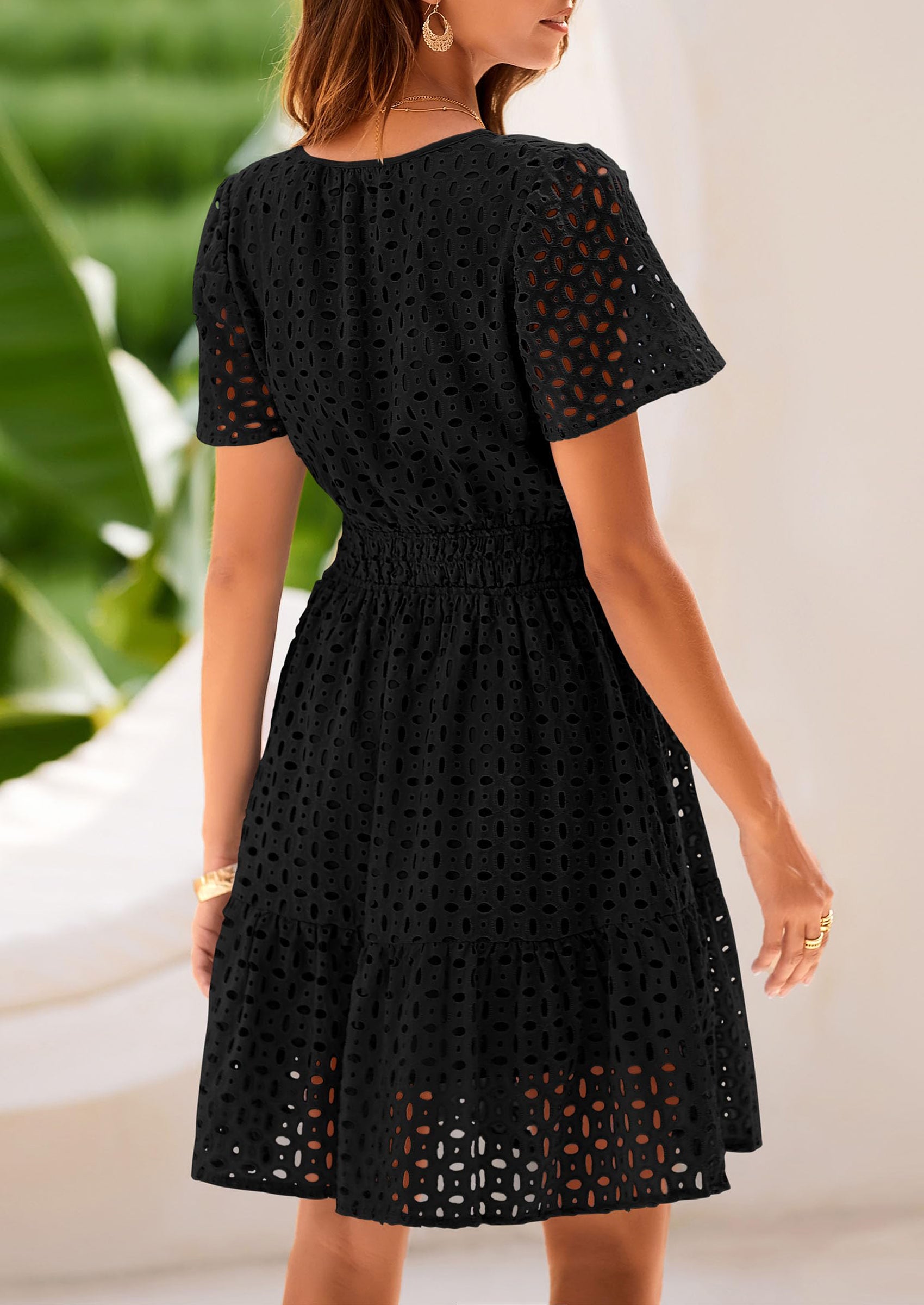 PRETTYGARDEN Women Summer Short Dress V Neck Short Sleeve A Line Hollow Out Lace Ruffle Cute Casual Beach Party Dresses