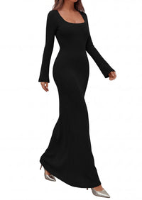 PRETTYGARDEN Women's Fall Long Sleeve Maxi Bodycon Dresses | Soft Stretchy Ribbed Knit, Bell Sleeve Square Neck Mermaid, Elegant Long Dress, Wedding Guest Party, 2026 Winter Clothing