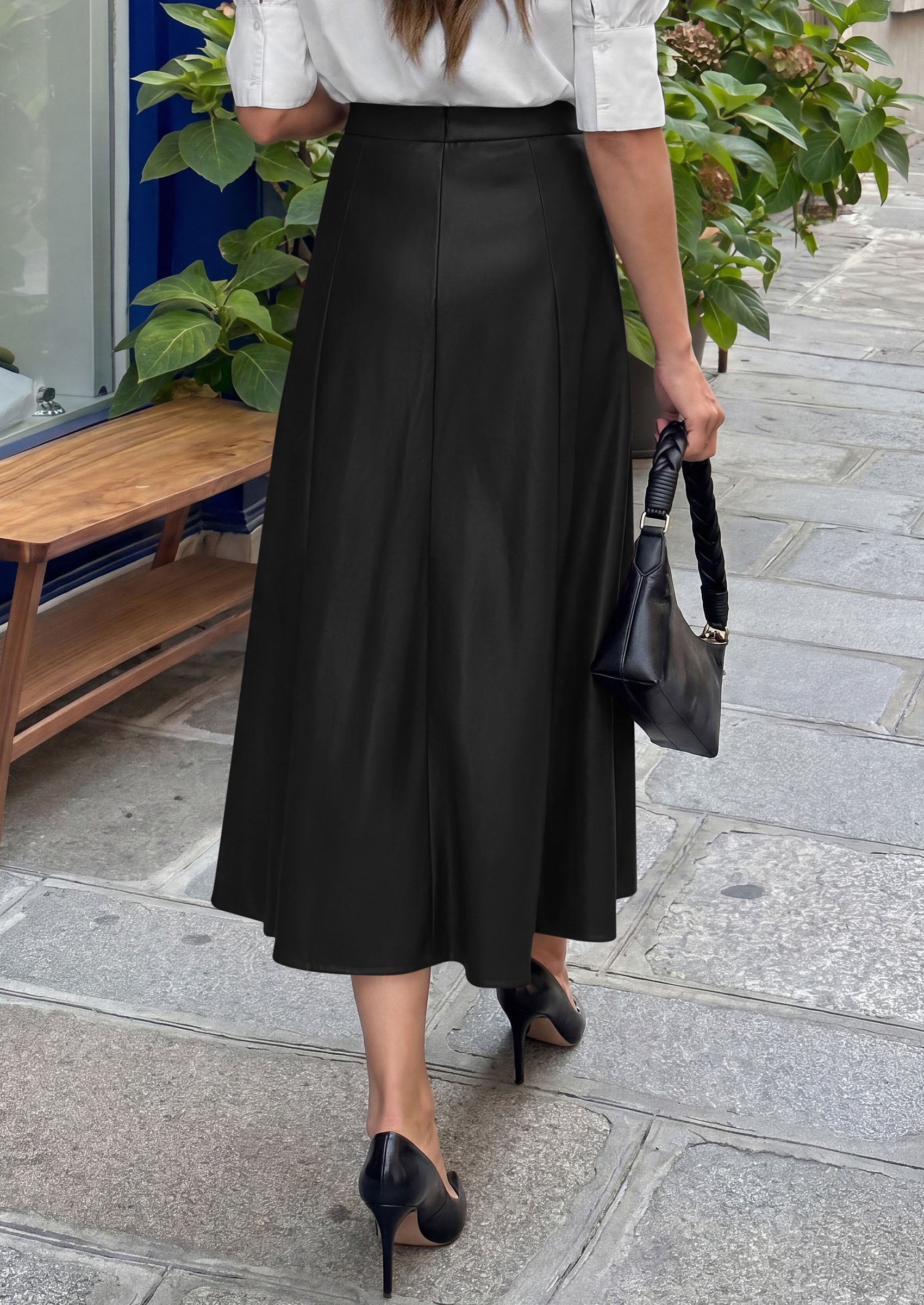 PRETTYGARDEN Womens Faux Leather High Waisted Midi Skirt | Flowy A Line Pleated Skirts, Elegant Swing Flared, Work Business Casual Outfits, Fall Winter Fashion Clothes