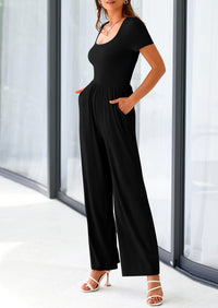 PRETTYGARDEN Women's Summer One Piece Jumpsuits Dressy Casual Short Sleeve Square Neck Wide Leg Jumpsuit Rompers