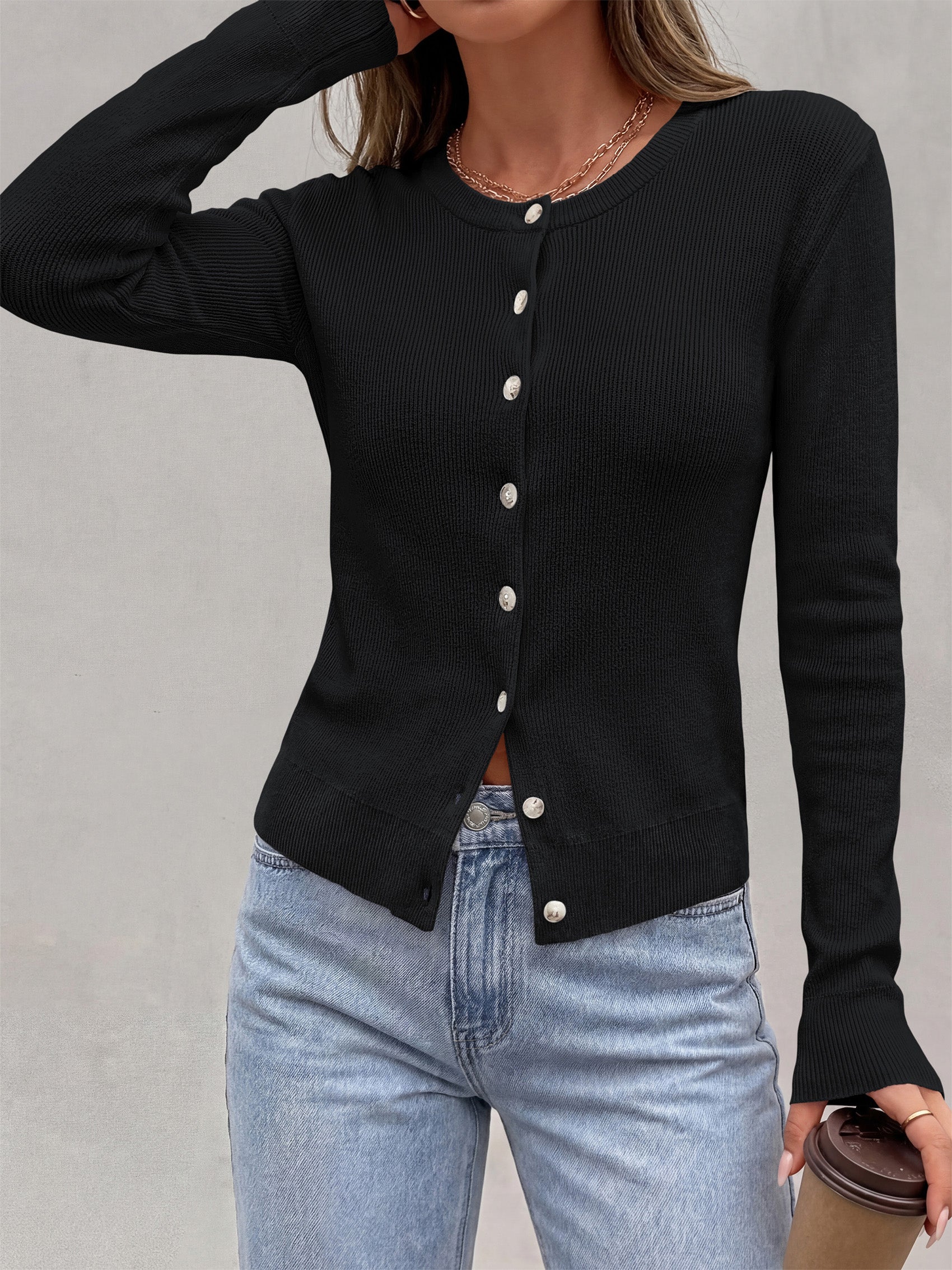 PRETTYGARDEN Fall Fitted Cardigan Sweaters for Women Button Down  | Basic Crewneck Long Sleeve Sweater Tops, Ribbed Trim, Slim Fit, Open Front, Daily Wear, Work, Date, Travel, Fashion Clothing