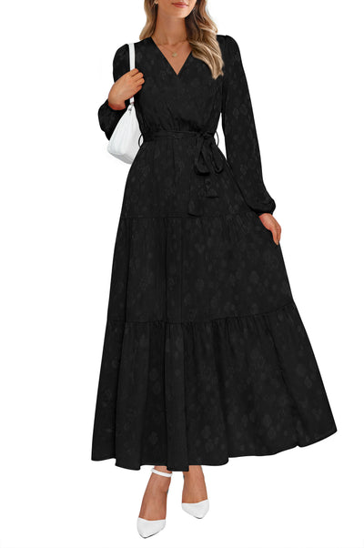 PRETTYGARDEN Womens Long Sleeve Boho Floral Wrap Maxi Dress  Fall Wedding Guest Dresses 2026, Chiffon Flowy Long Dresses, Casual Tie Waist V Neck Dress, Modest A Line Ruffle Tiered Dress