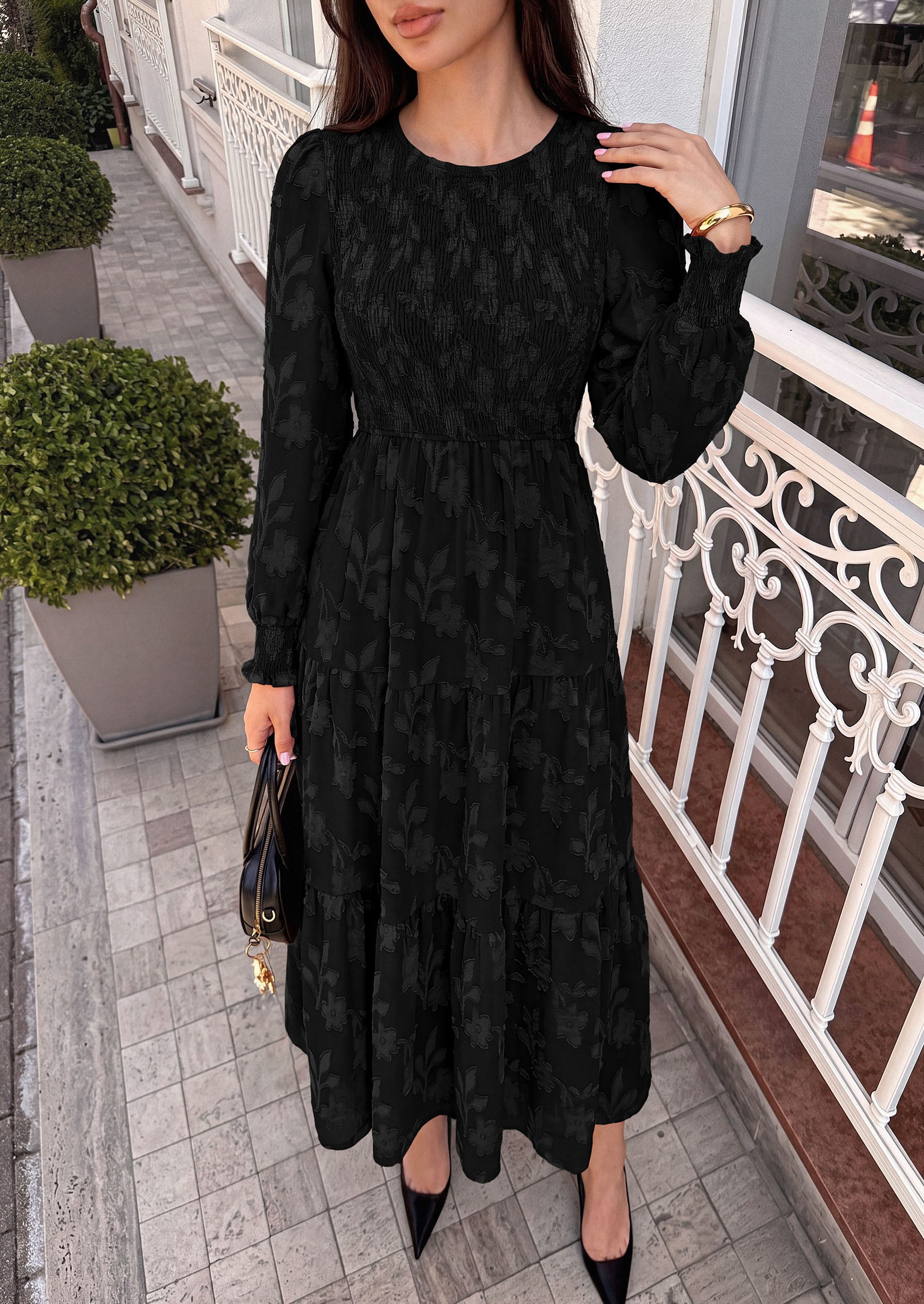 PRETTYGARDEN Fall Floral Long Sleeve Wedding Guest Dress for Women Pockets | Casual Textured Jacquard Smocked High Waist A-line Boho Flowy Midi Dress, Semi Formal Cocktail Dresses for Women 2026