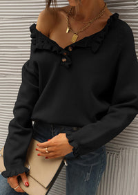 BTFBM Womens Sweaters Fall Winter Clothes 2025 Long Sleeve Button Down Ruffle Crew Neck Casual Knitted Pullover Tops PRETTYGARDEN