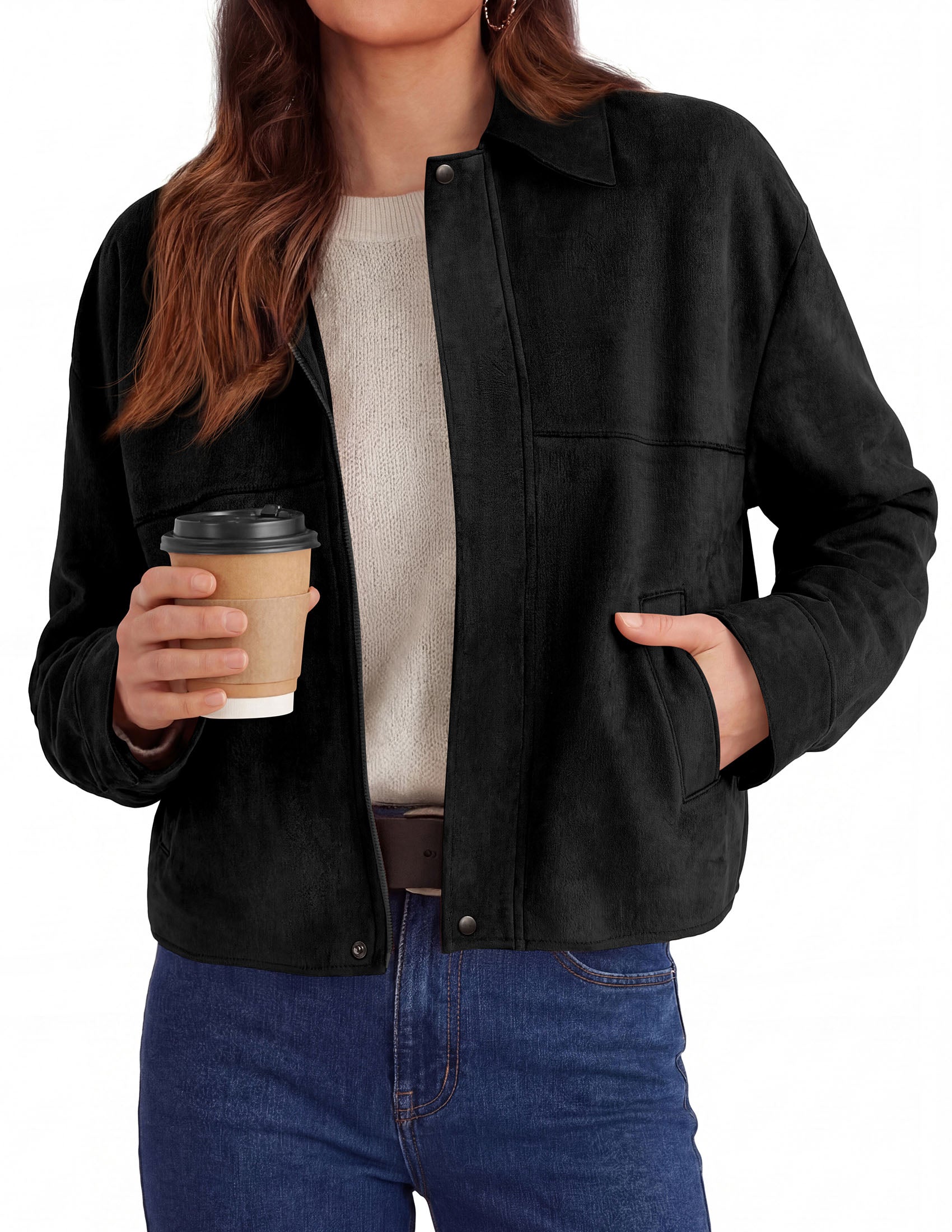 PRETTYGARDEN Women's Faux Suede Cropped Fall Jackets | Soft Zip Up Coats,Classic Lapel Collar,Button Down Shacket,Oversized Casual Outerwear,Trendy Winter Clothes with Pockets