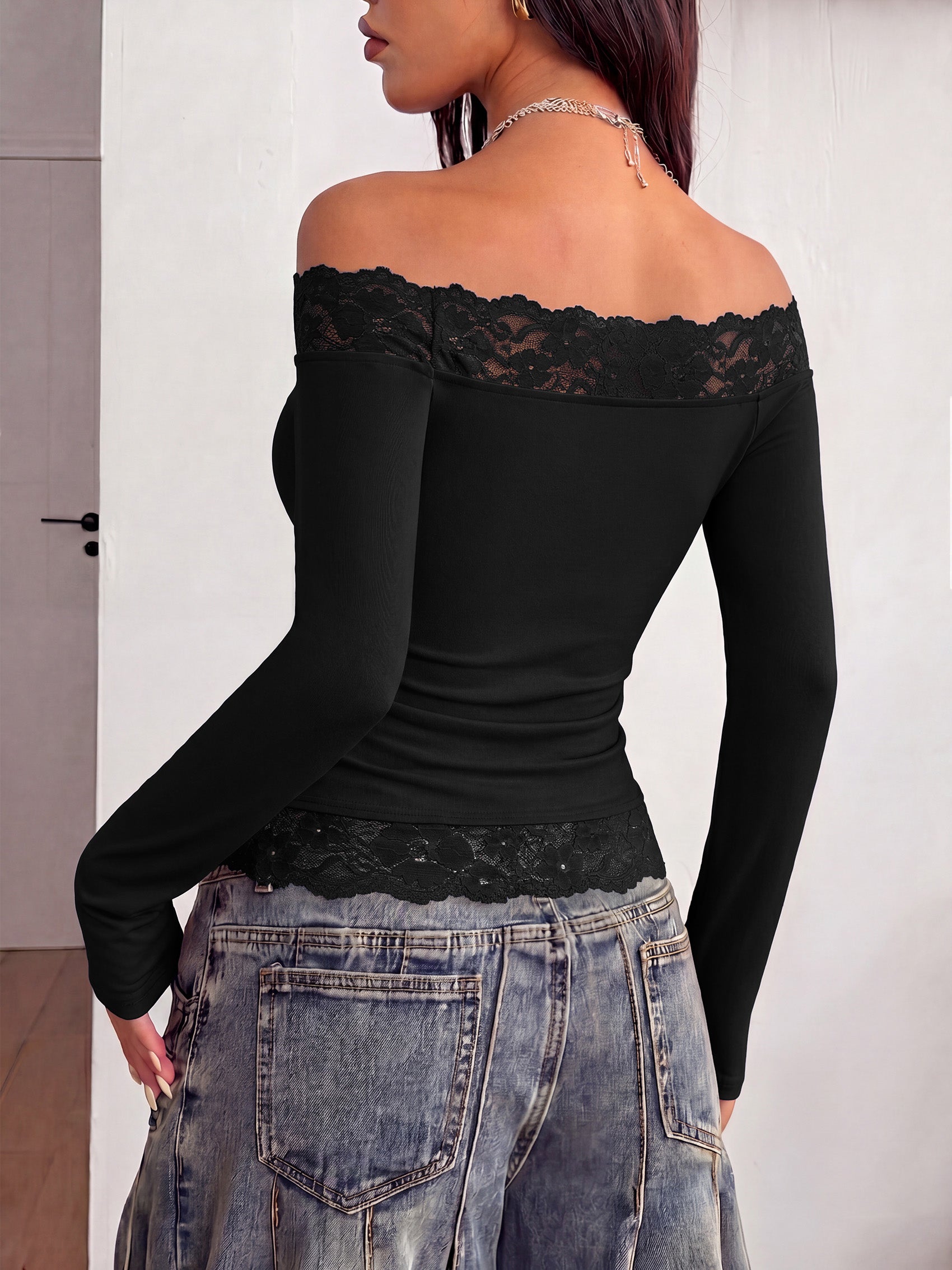 PRETTYGARDEN Women Lace Off the Shoulder Cute Going Out Tops | Y2K Cute Long Sleeve Slim Fit Cropped T-Shirt, Sexy Off Shoulder Tops for Women, Date Night Concert Tops,Fall Outfits 2026