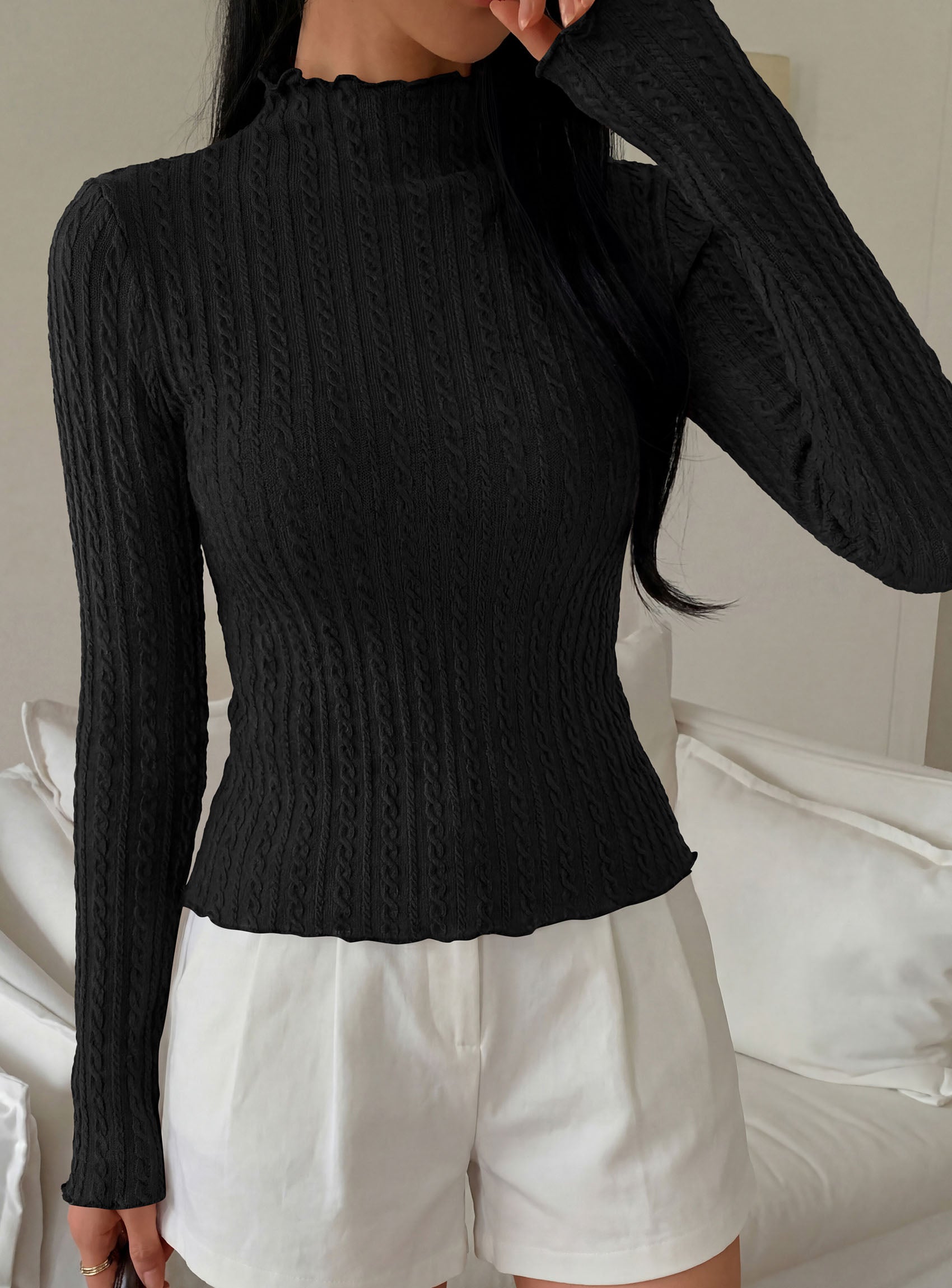 PRETTYGARDEN Women's Fall Long Sleeve Fitted Shirts | Comfy Stretchy Cable Knit, Trendy Lettuce Trim Mock Neck, Casual Basic Tees, Cute Layering Tops, 2026 Fashion Clothing