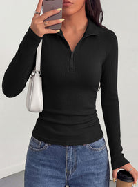 PRETTYGARDEN Women's Fall Quarter Zip Long Sleeve Shirts | Soft Stretchy Ribbed Knit, Collared Zipper Slim Fitted, Raglan Sleeves Pullover, Dressy Casual Tops, Trendy Going Out Outfits