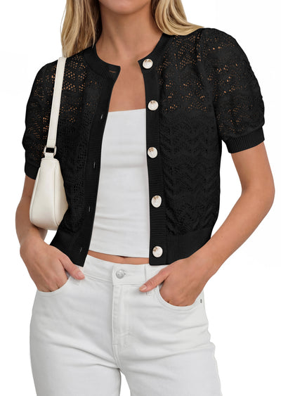 PRETTYGARDEN Summer Crochet Cardigan Sweaters for Women Cropped Button Short Sleeve Sweater Lightweight Knit Spring Tops PRETTYGARDEN