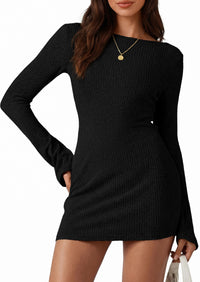 PRETTYGARDEN Womens Fall Bell Long Sleeve Mini Dress 2026 Casual Boat Neck Ribbed Bodycon Short Party Cocktail Dresses