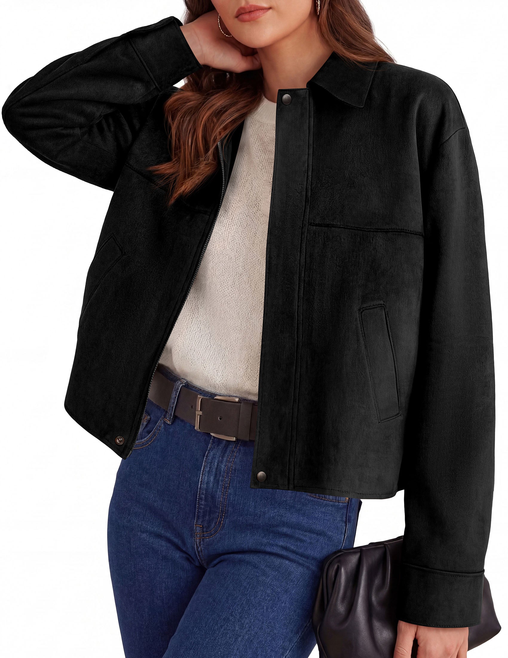 PRETTYGARDEN Women's Faux Suede Cropped Fall Jackets | Soft Zip Up Coats,Classic Lapel Collar,Button Down Shacket,Oversized Casual Outerwear,Trendy Winter Clothes with Pockets