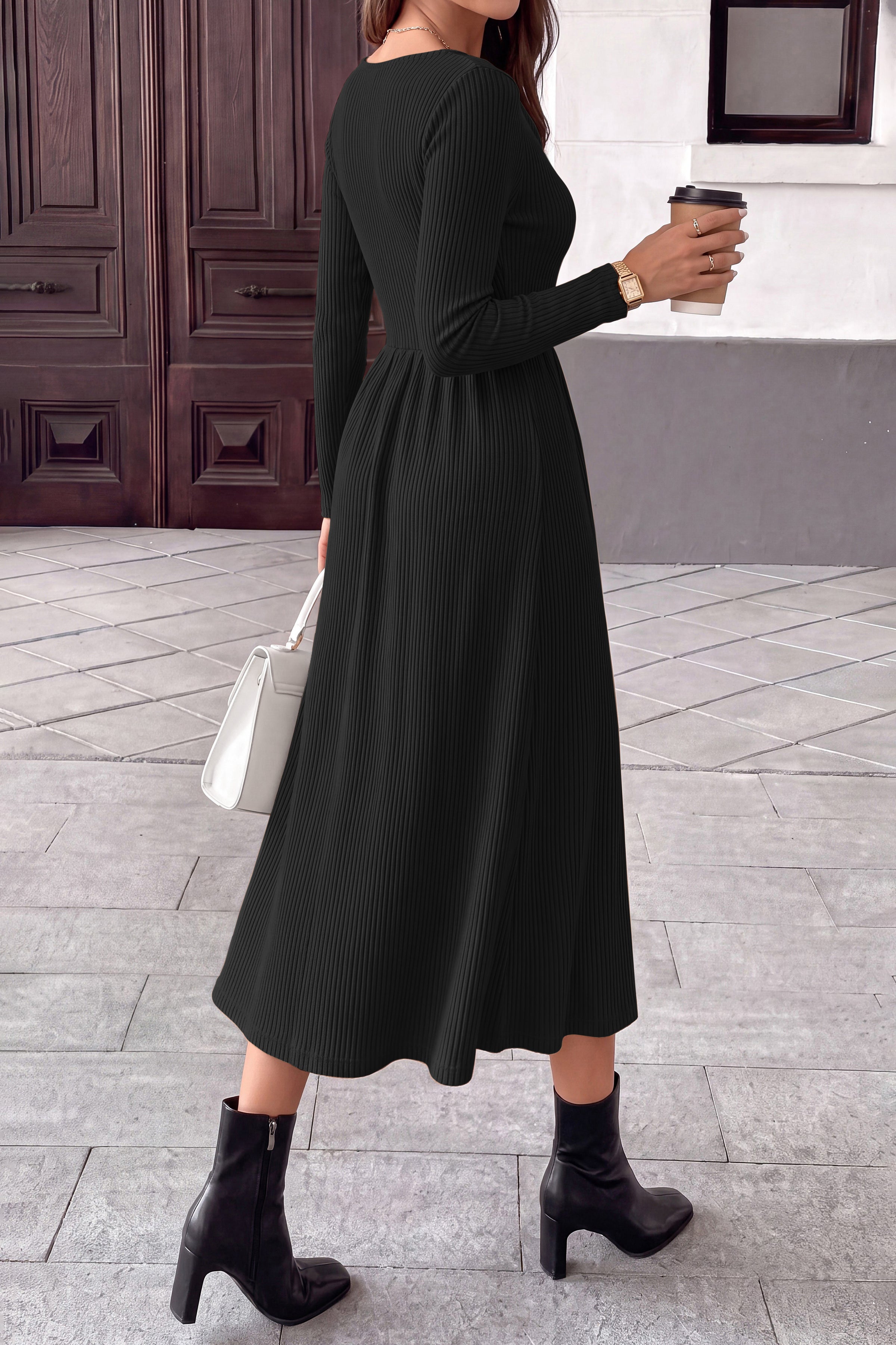PRETTYGARDEN Women Casual Cowl Neck Long Sleeve Midi Dress