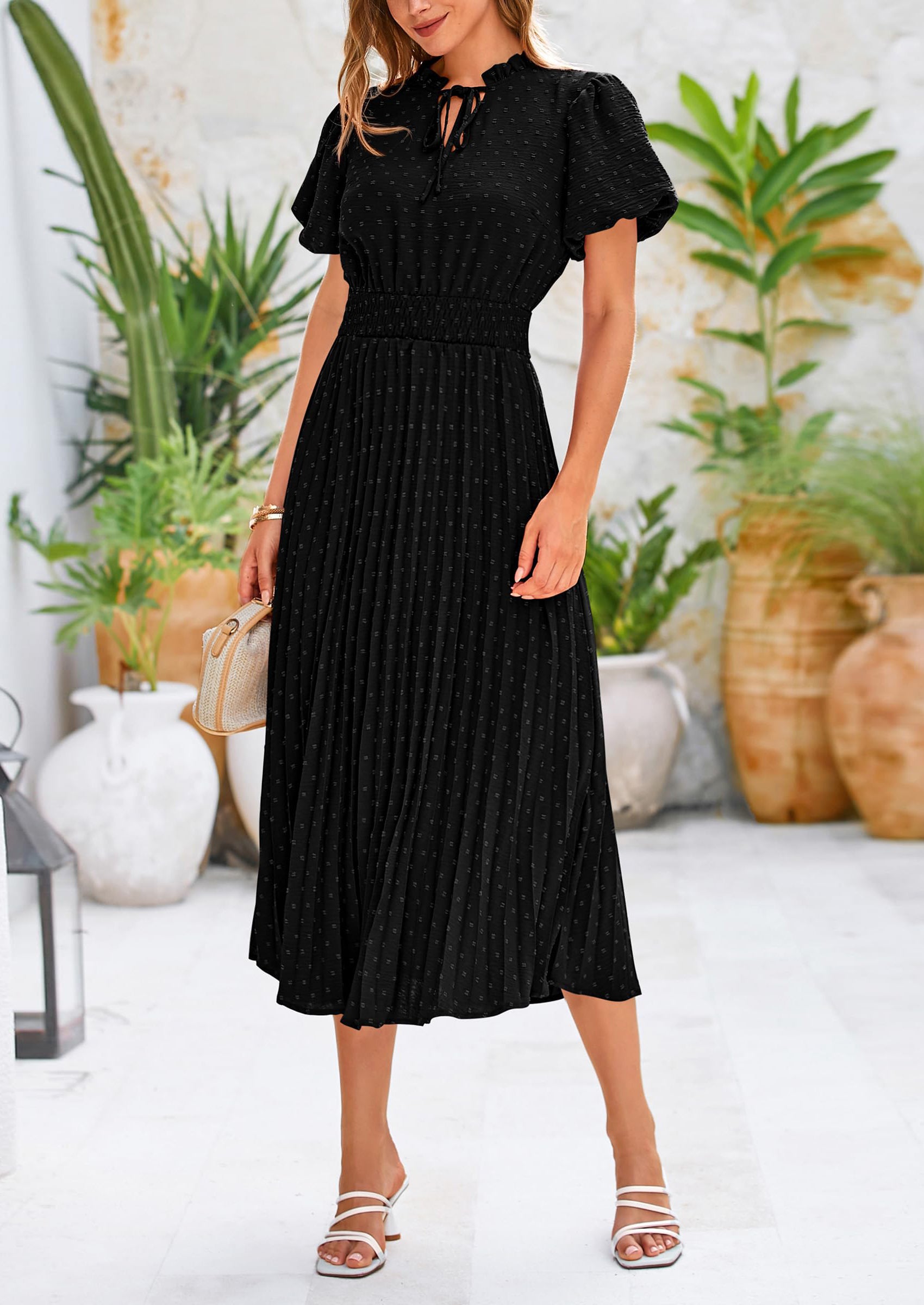 PRETTYGARDEN Womens Midi Dresses Puff Short Sleeve V Neck Swiss Dot Pleated A Line Flowy Long Wedding Guest Dress