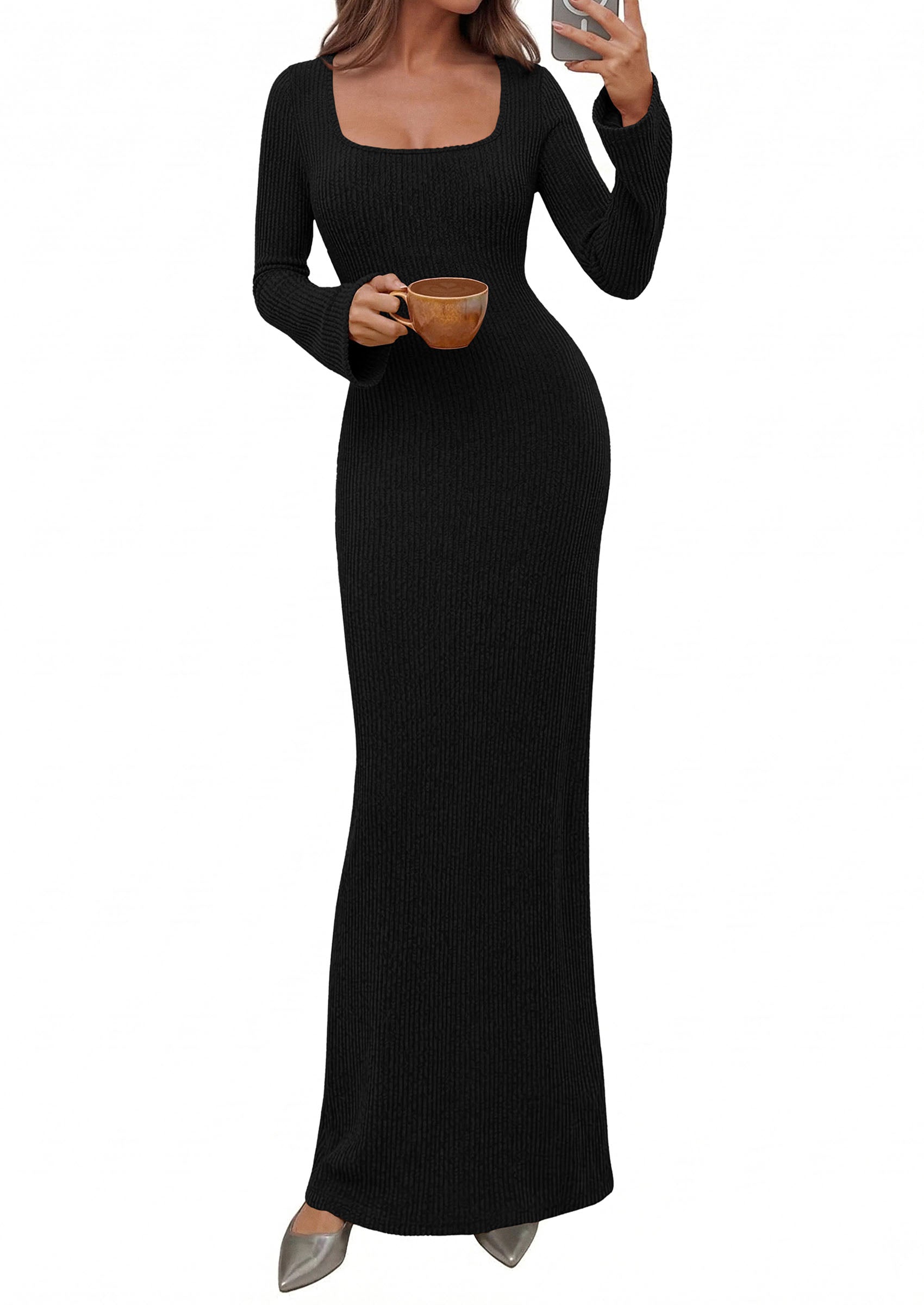 PRETTYGARDEN Women's Fall Long Sleeve Maxi Bodycon Dresses | Soft Stretchy Ribbed Knit, Bell Sleeve Square Neck Mermaid, Elegant Long Dress, Wedding Guest Party, 2026 Winter Clothing